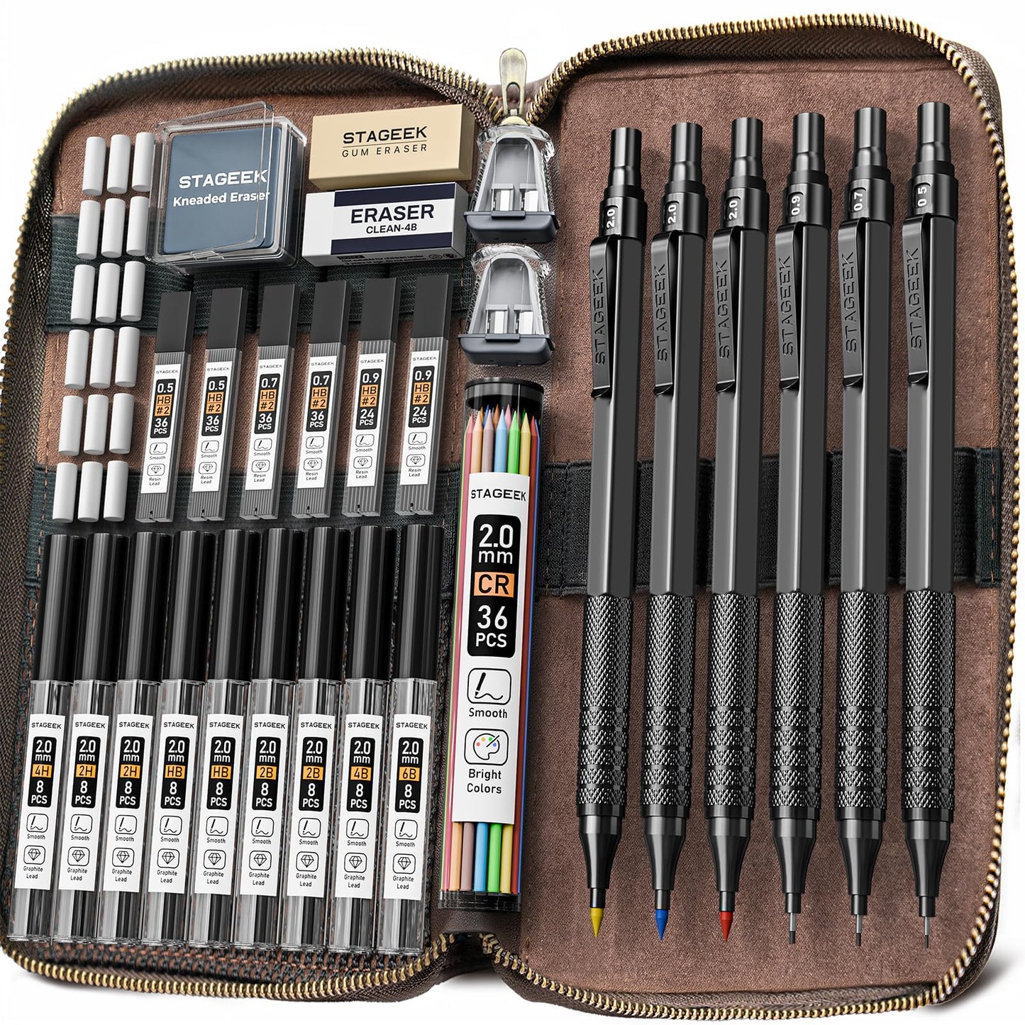 STAGEEK 30Pcs Black Metal Mechanical Pencil Set with Leather Case