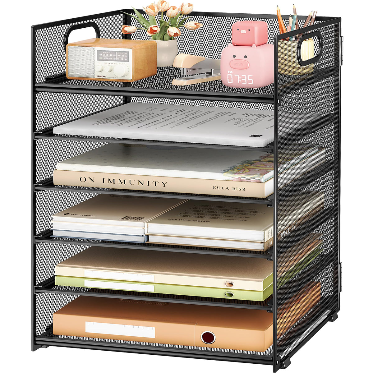 6 Tier Paper Organizer with Handle,Construction Teacher Desk Decor,Black