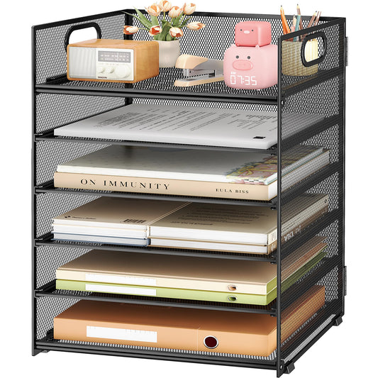 6 Tier Paper Organizer with Handle,Construction Teacher Desk Decor,Black