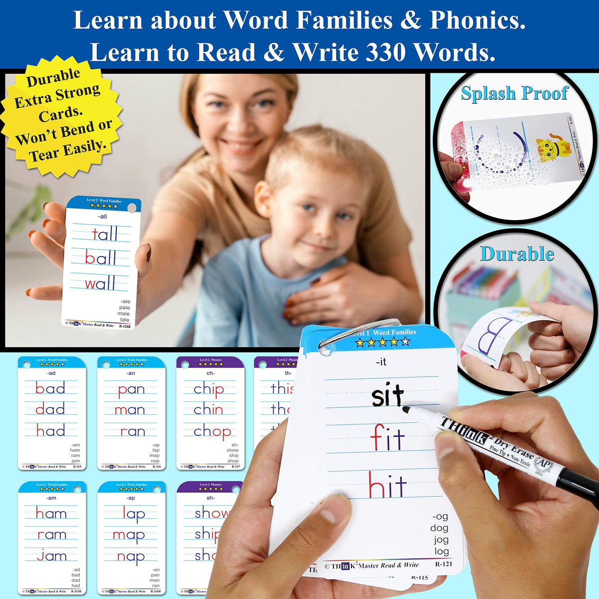 THINK2MASTER Premium 186 Laminated Alphabet, Sight Words & Phonics Flash Cards for Pre K &