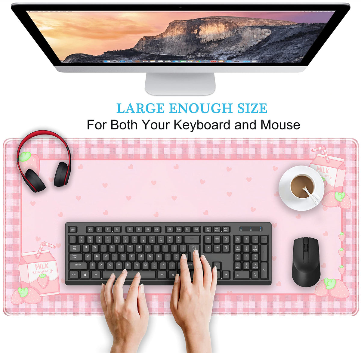 Cute Pink Plaid Desk Mats Strawberry Milk Gaming Desk Pad, Kawaii Extended Mouse Pad Kawaii Large