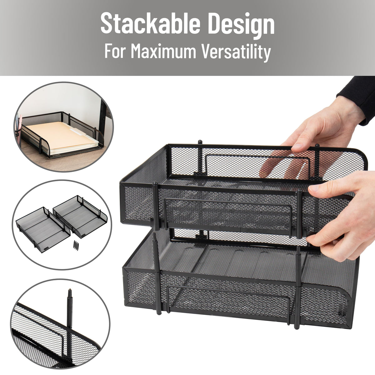 Mind Reader Stackable Paper Tray, Desktop Organizer, File Storage, Office, Metal Mesh, 2 Pcs, Black