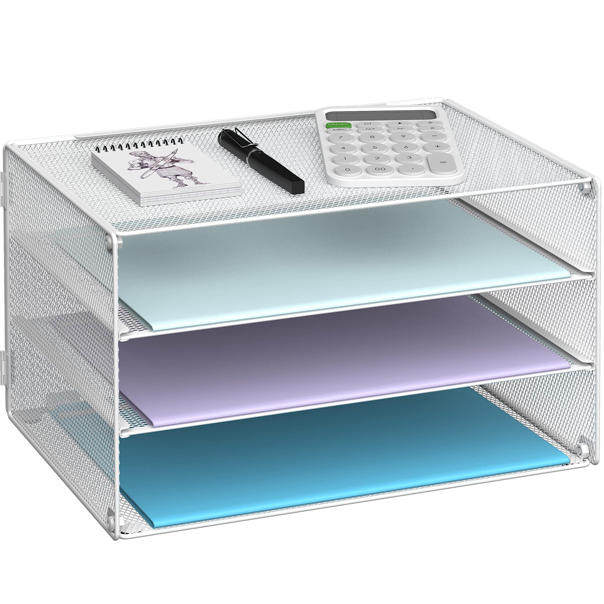 DALTACK 3 Tier Letter Tray Paper Organizer with Sliding Mesh Trays White