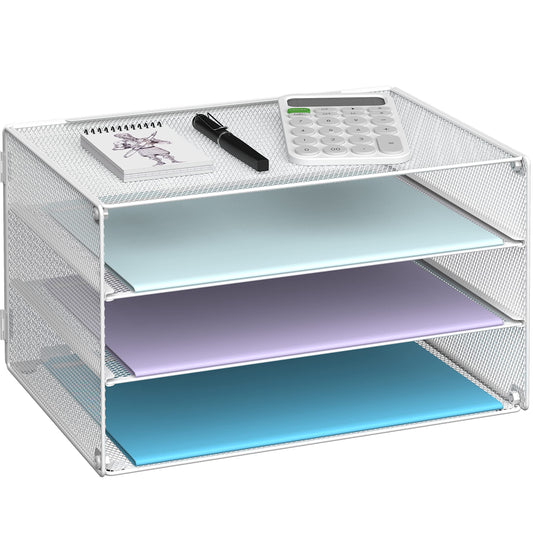 DALTACK 3 Tier Letter Tray Paper Organizer with Sliding Mesh Trays White