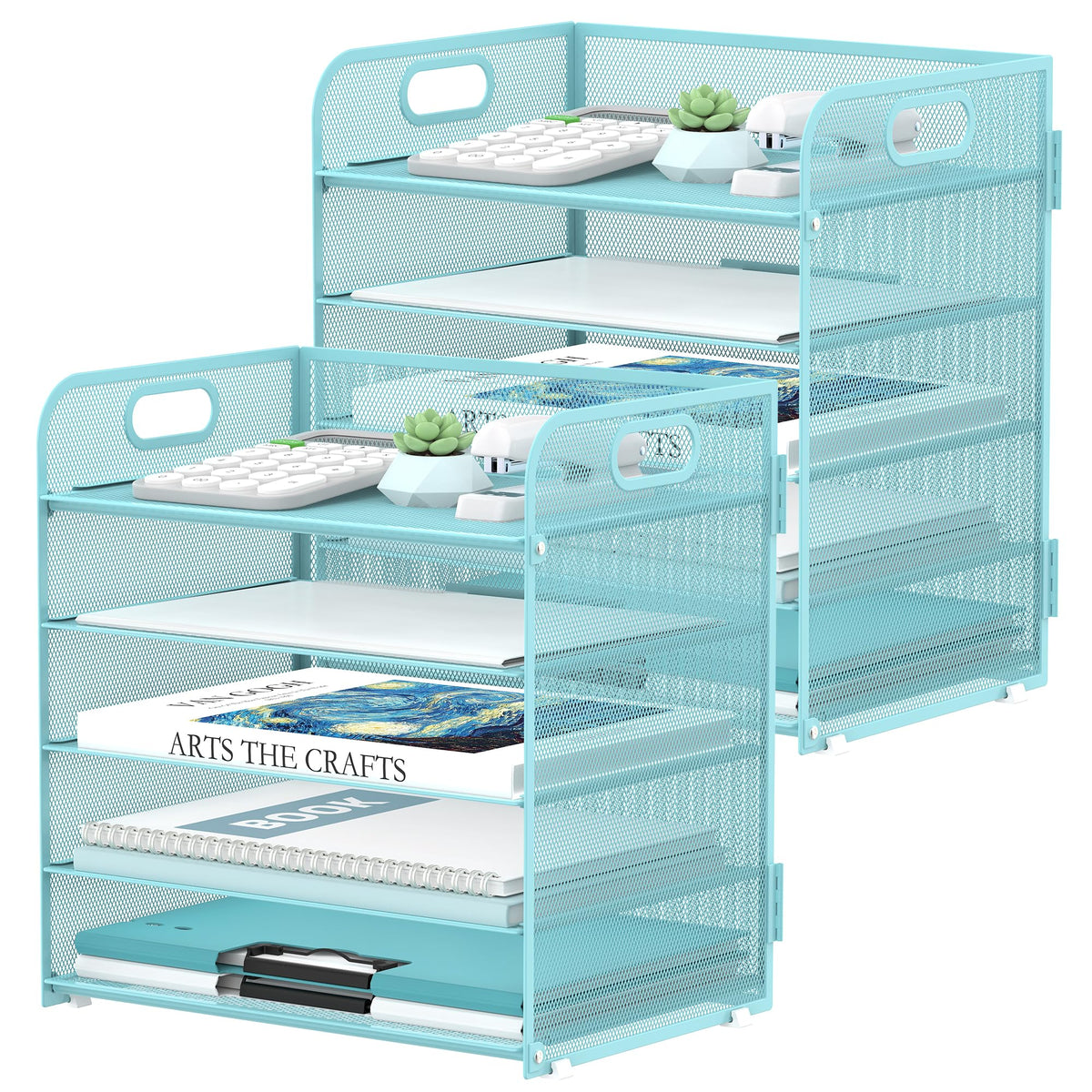 2 Pack 5-Tier Blue Desk Organizer with Handle Mesh Desk File/Paper Organizer Letter Tray for