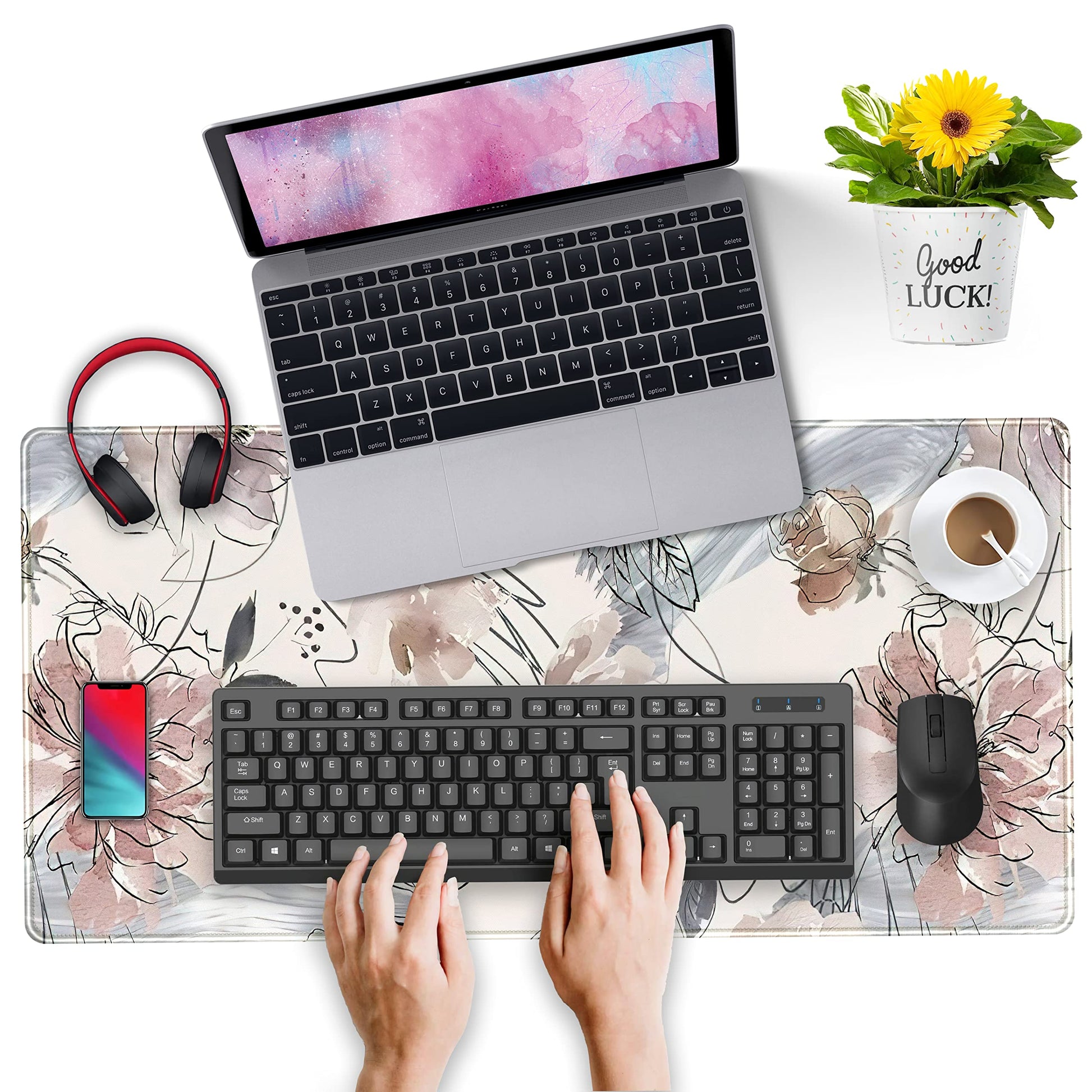Desk Mat, Abstraction Hand Painted Flowers Extended Gaming Mouse Pad (31.5x15.75 in), Cute Large