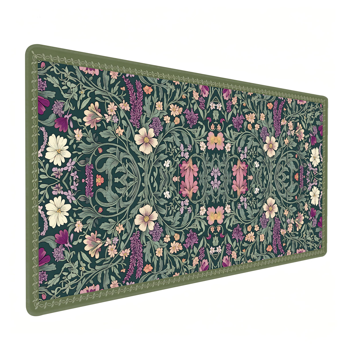 Cute Floral Aesthetic Lavender Gaming Mouse Pad, Dark Green Rug Desk Mat with Anti-Slip Base &