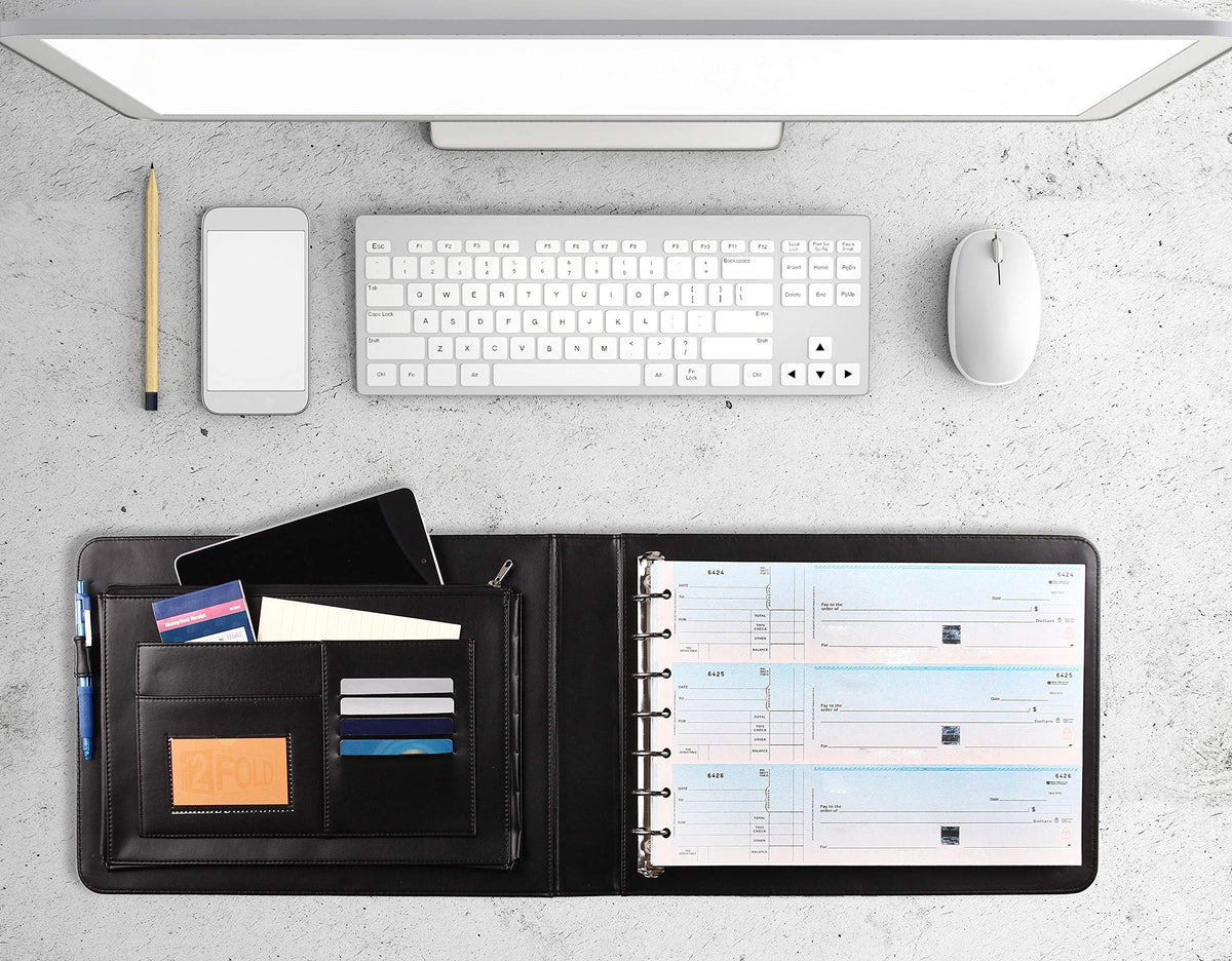 2Fold Business Check Binder 7 Ring for 3-Up Business Size Checks with Extra Business Card Case - PU