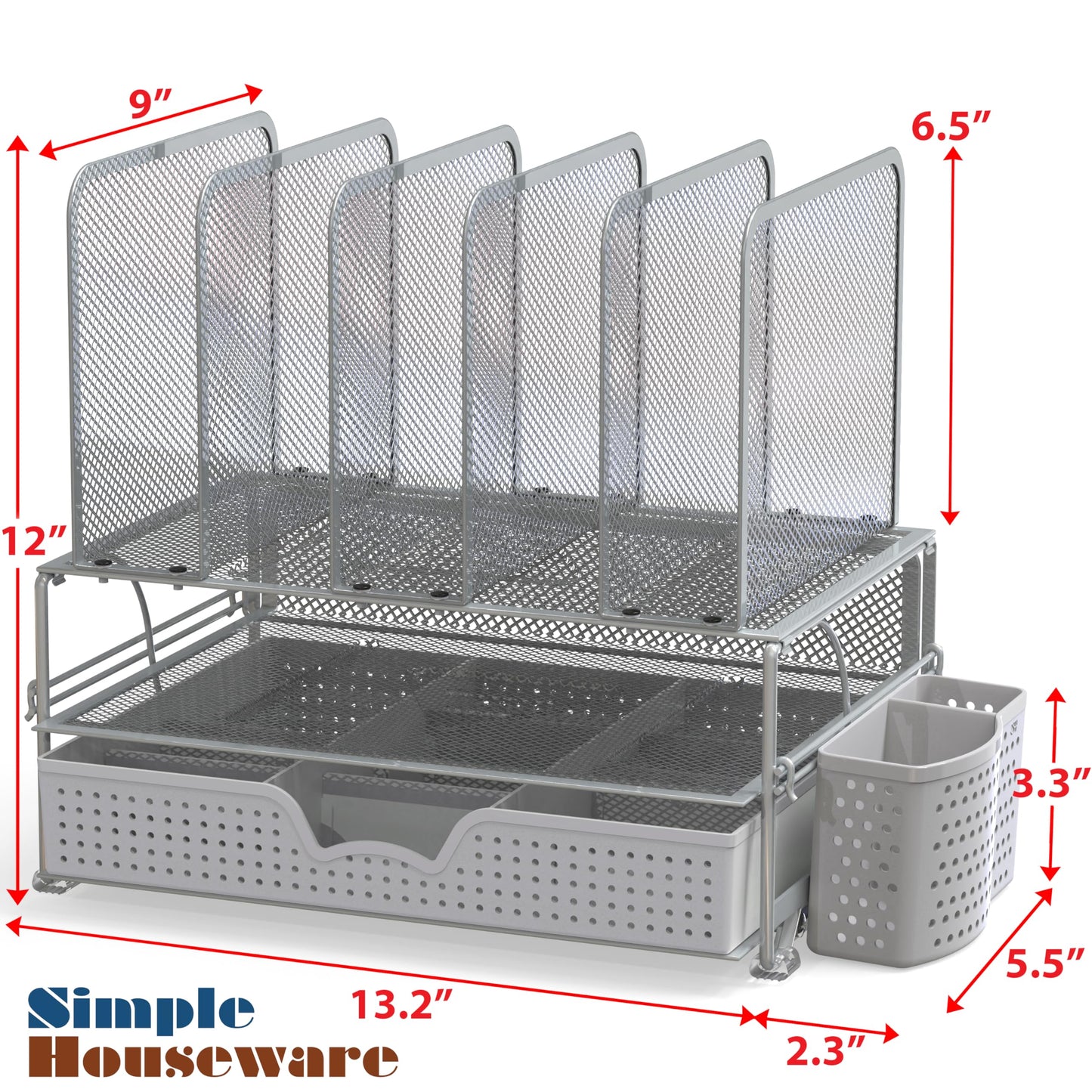 Simple Houseware Desk File Organizer for Office Supplies w/Drawer, Silver