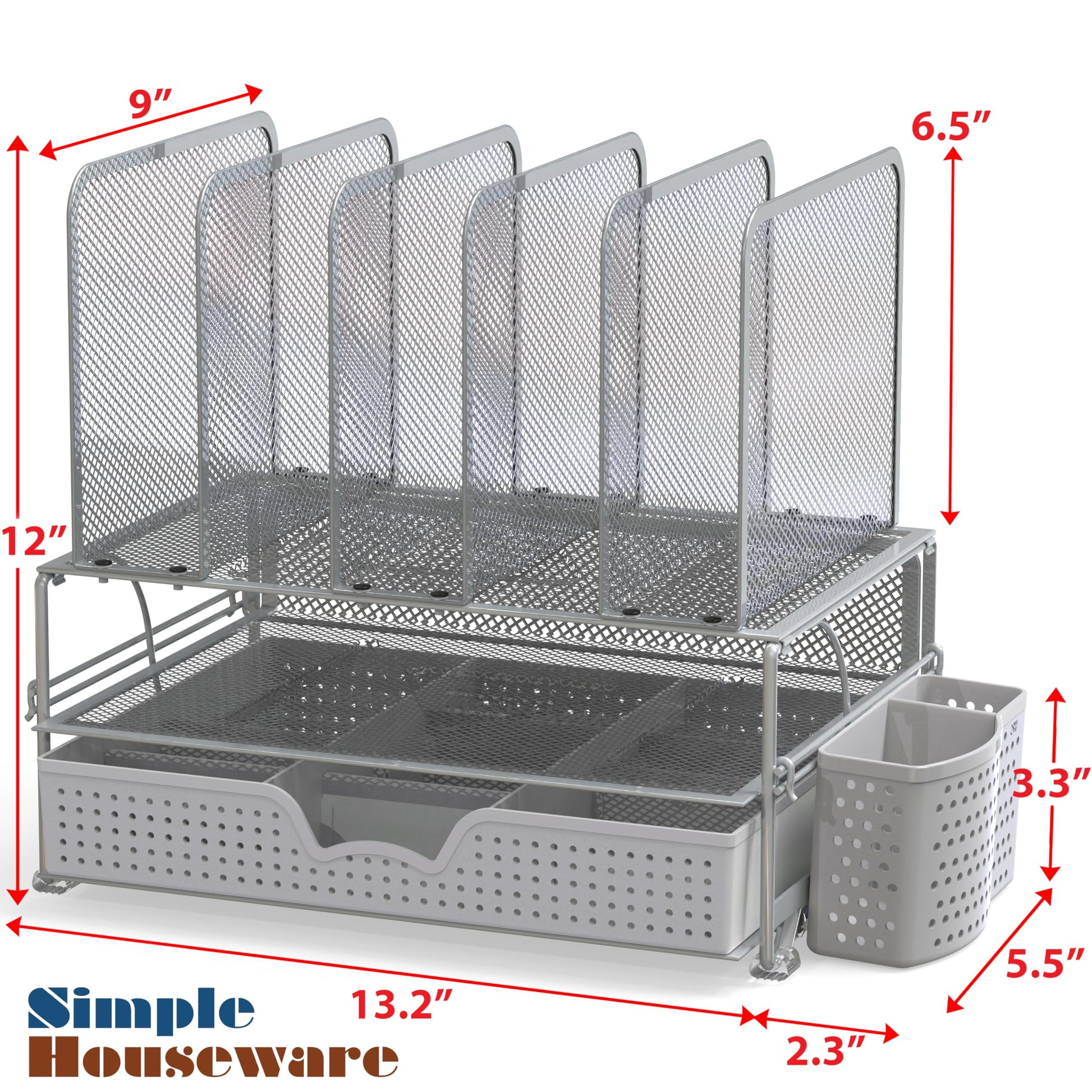 Simple Houseware Desk File Organizer for Office Supplies w/Drawer, Silver