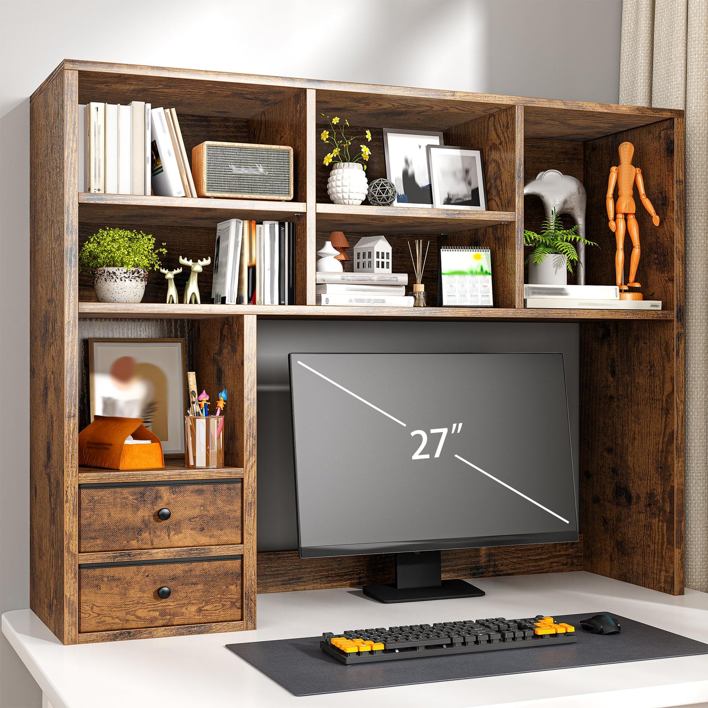 REIBII Desktop Bookshelf, 8 Shelves Desk Hutch for Dorm Room, Rustic Brown