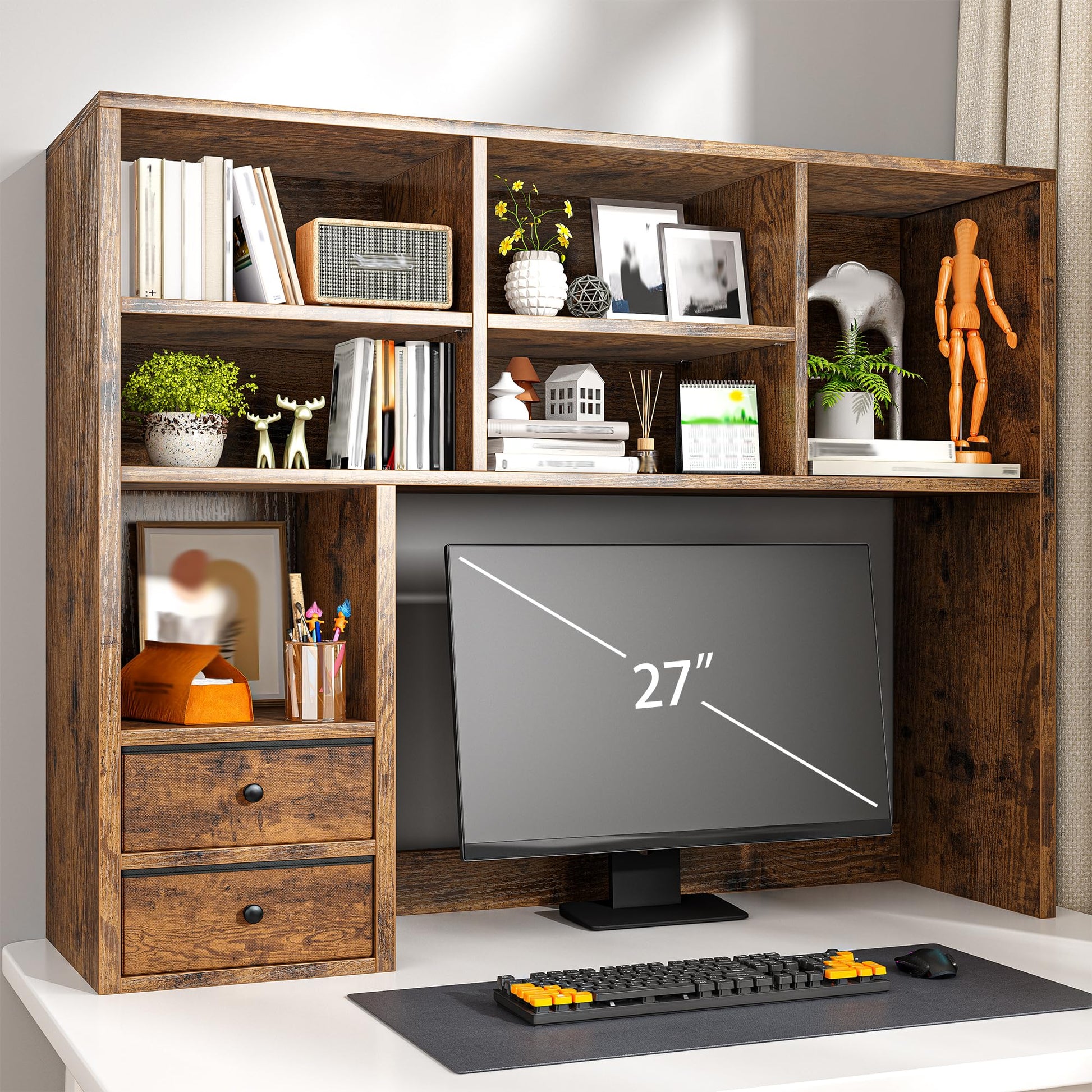 REIBII Desktop Bookshelf, 8 Shelves Desk Hutch for Dorm Room, Rustic Brown