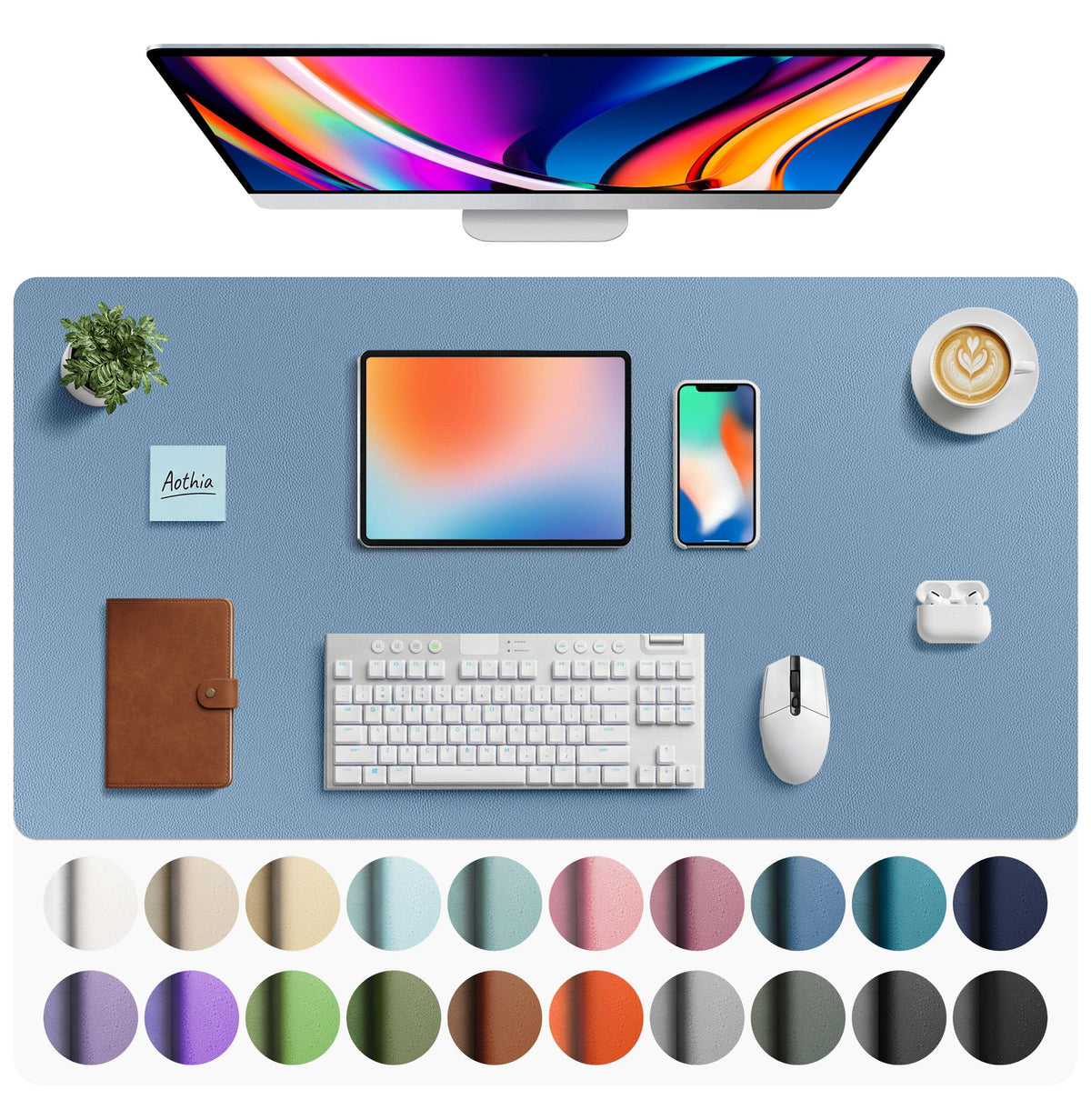 Aothia Faux Leather Desk Mat - Large Mouse Pad, Non-Slip PU Leather Blotter, Waterproof Writing