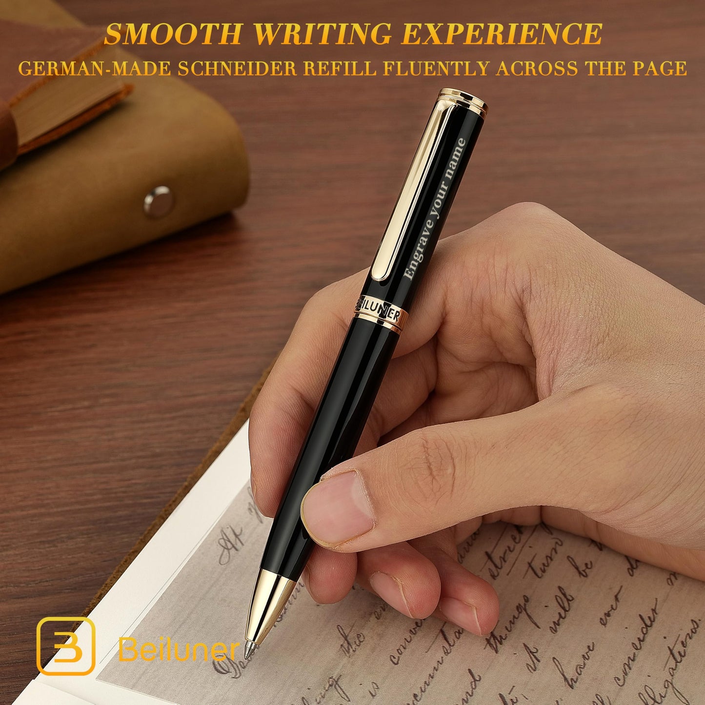 BEILUNER Luxury Personalized Gel Pen with 24K Gold Finish, Black Piano Lacquer, Luxury Grade