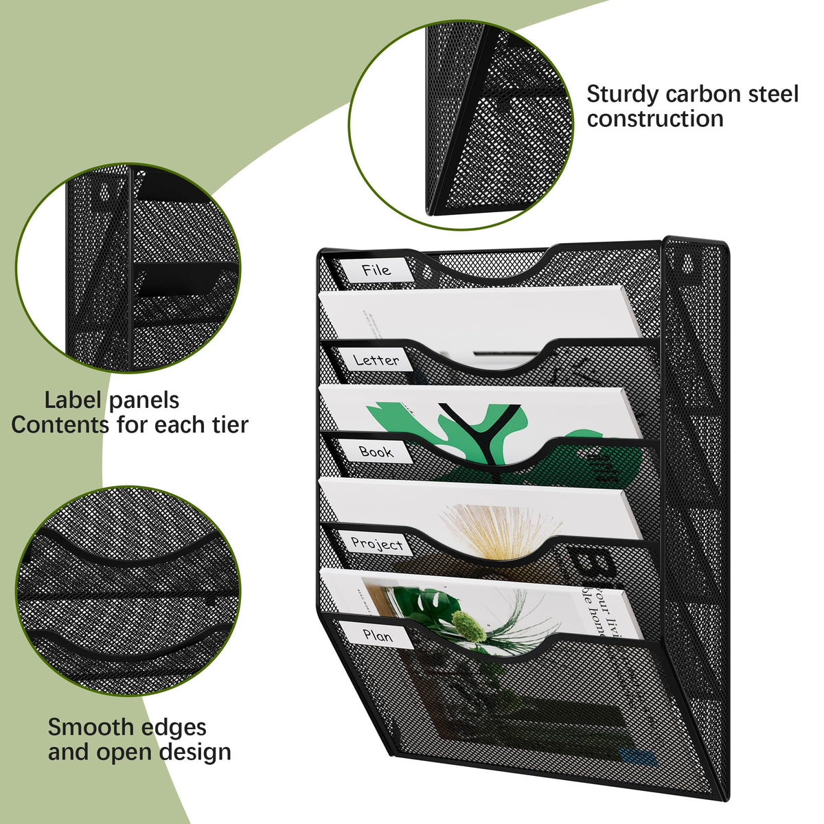 EasyPAG Wall File Organizer 5 Tier Hanging Paper Folder Holder, Zero Assembly Metal Mesh Wall