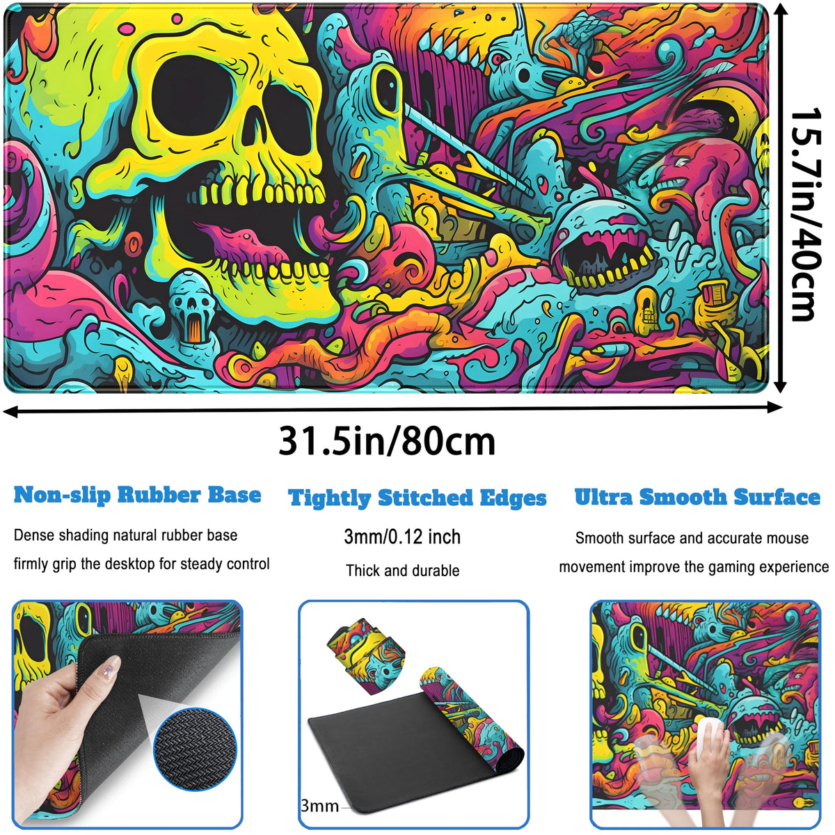 Gaming Desk Mat Skull Desk Pad Extended Mouse Pad XXL, Cool Mouse and Keyboard Mat Big Desktop Mats