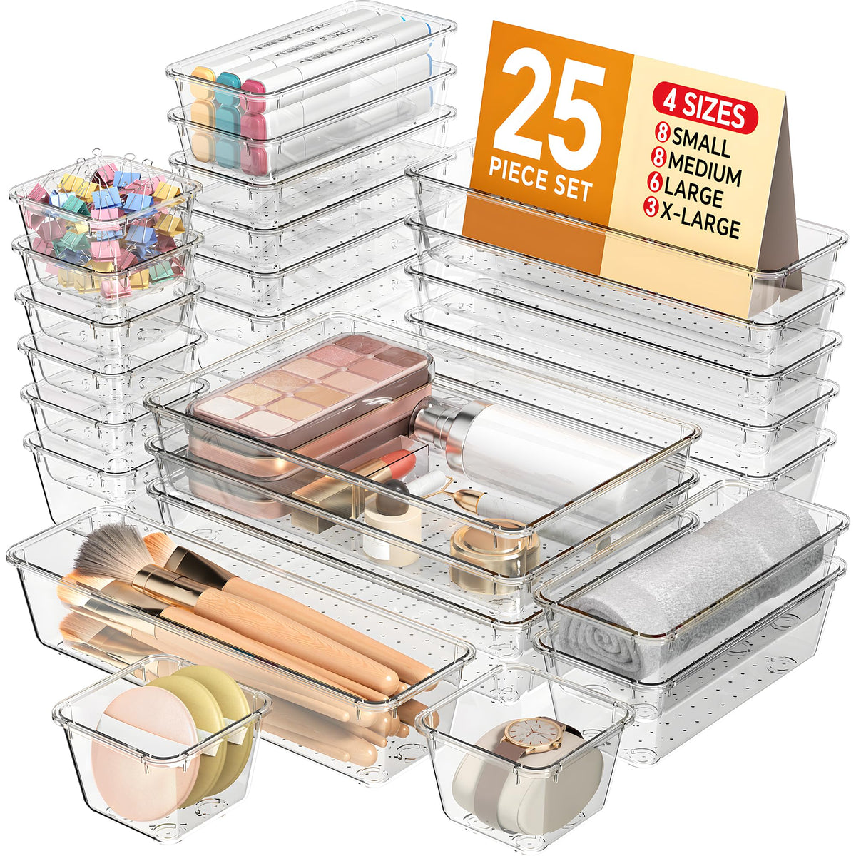 KEMETHY 25 PCS Plastic Drawer Organizers Set, 4 Sizes Vanity Organizer