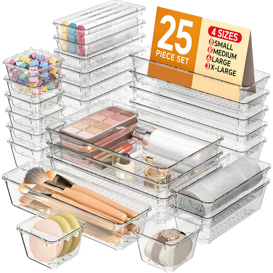 KEMETHY 25 PCS Plastic Drawer Organizers Set, 4 Sizes Vanity Organizer