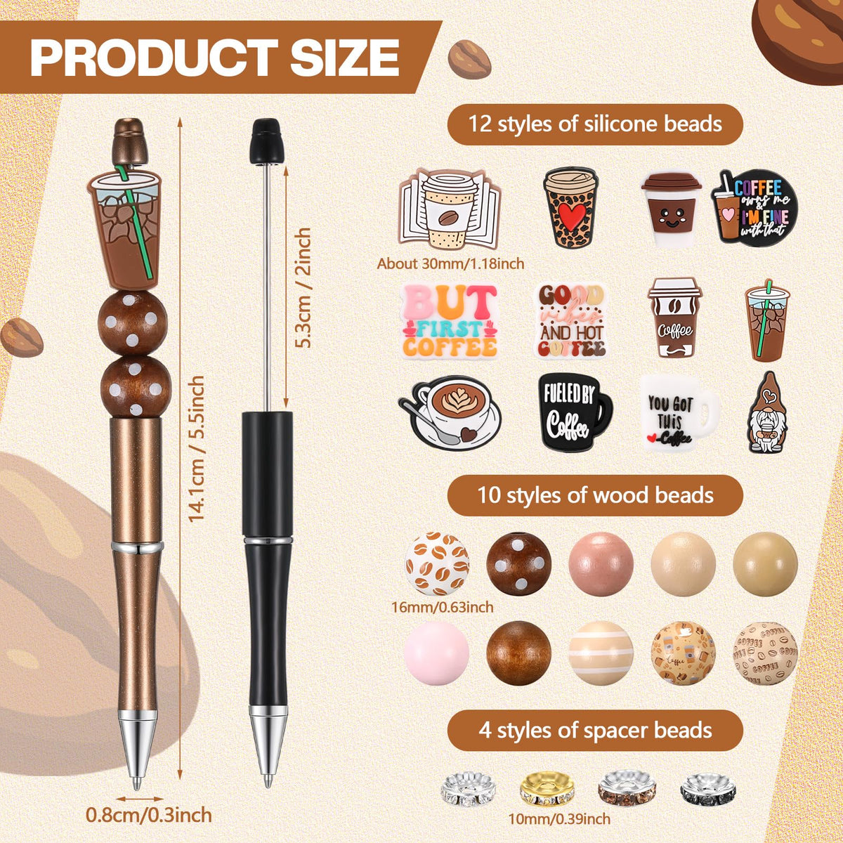 Geyee 12 Set Beadable Pens DIY Bead Pens, Multicolor, Coffee