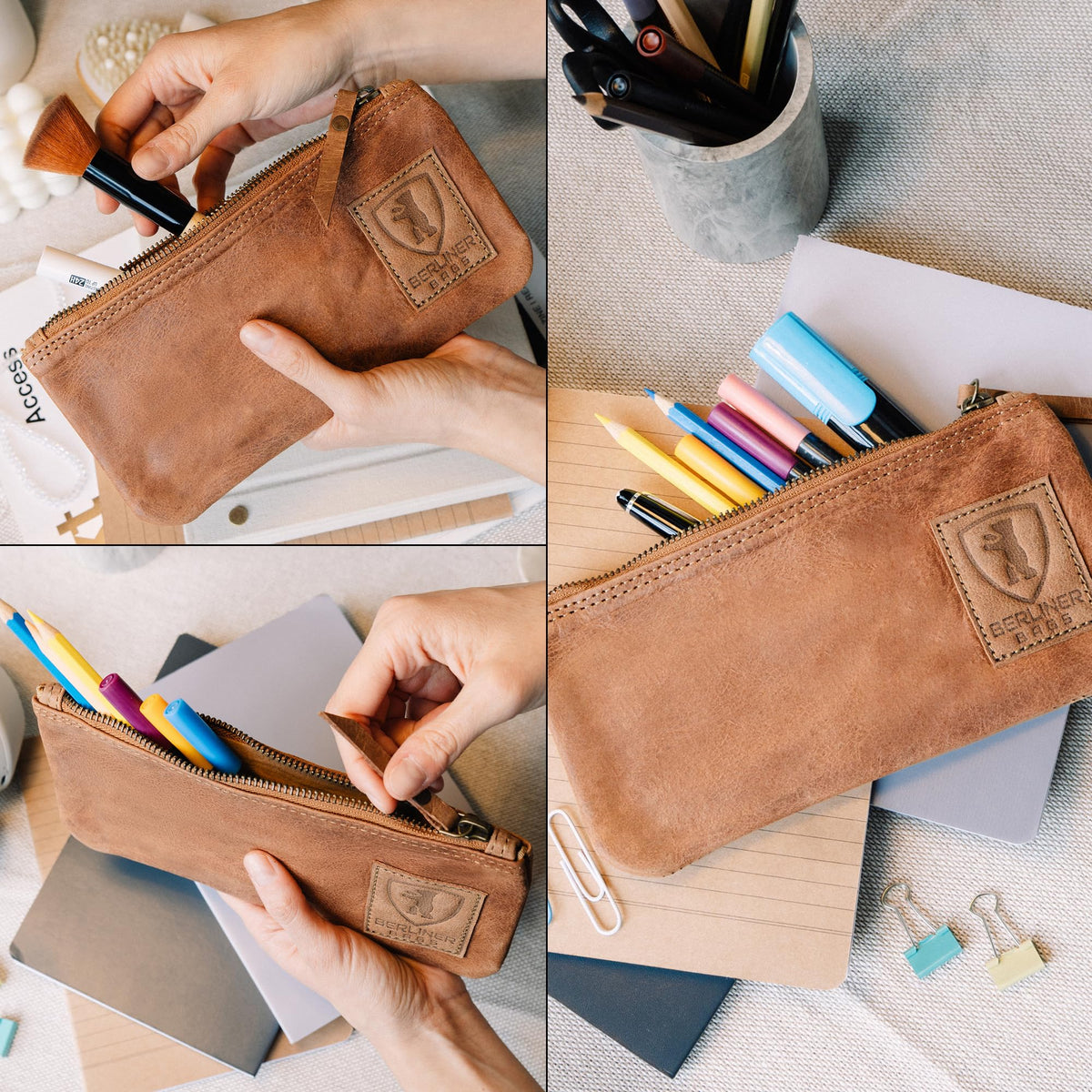 BERLINER BAGS Genuine Leather Pencil Case, Vintage Pen Pouch - Brown