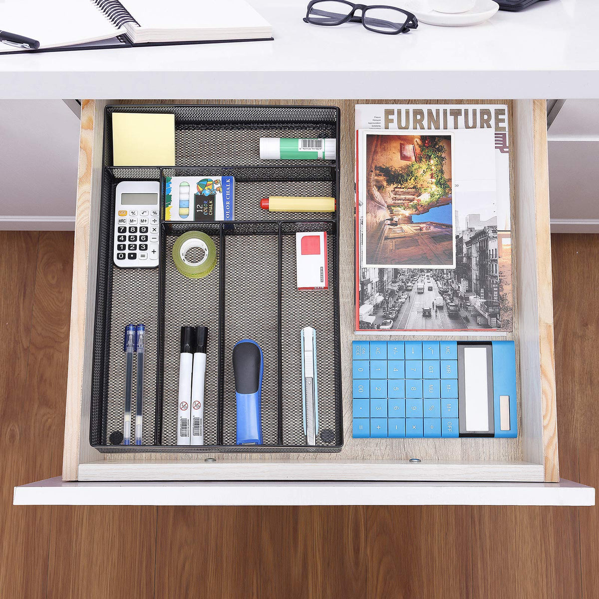WuGeShop Desk Drawer Organizer with 6 Compartments, Mesh Drawer Organizer Tray for Stationery