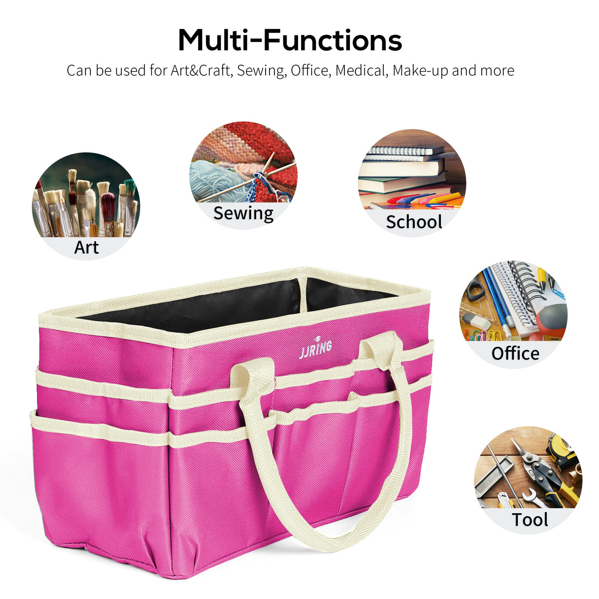 JJRING 600D Nylon Craft & Art Organizer Tote Bag With Pockets, Rose Red
