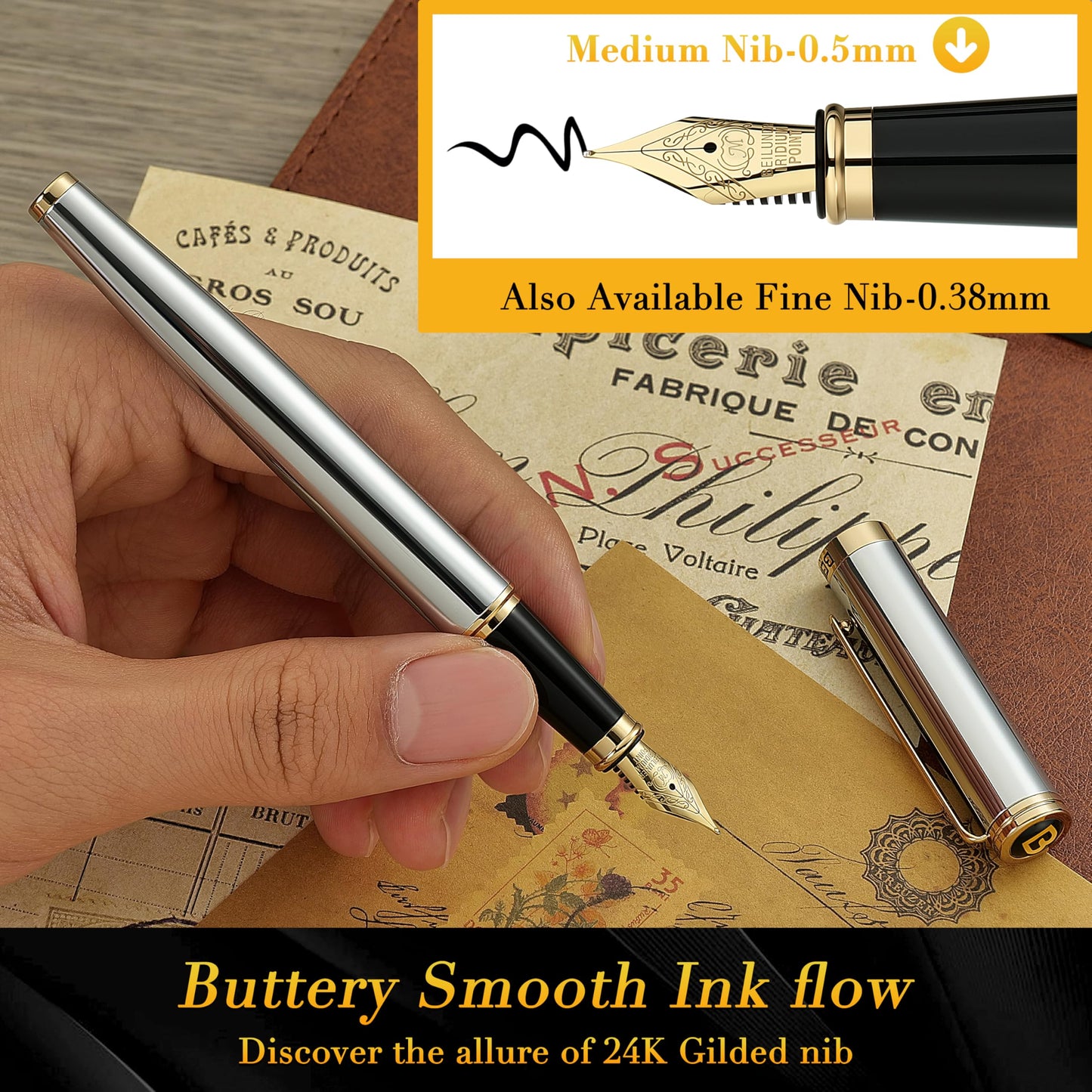 BEILUNER Silver Chrome Fountain Pen,Stunning Luxury with 24K Gold Accents, Gorgeous 24K Gilded