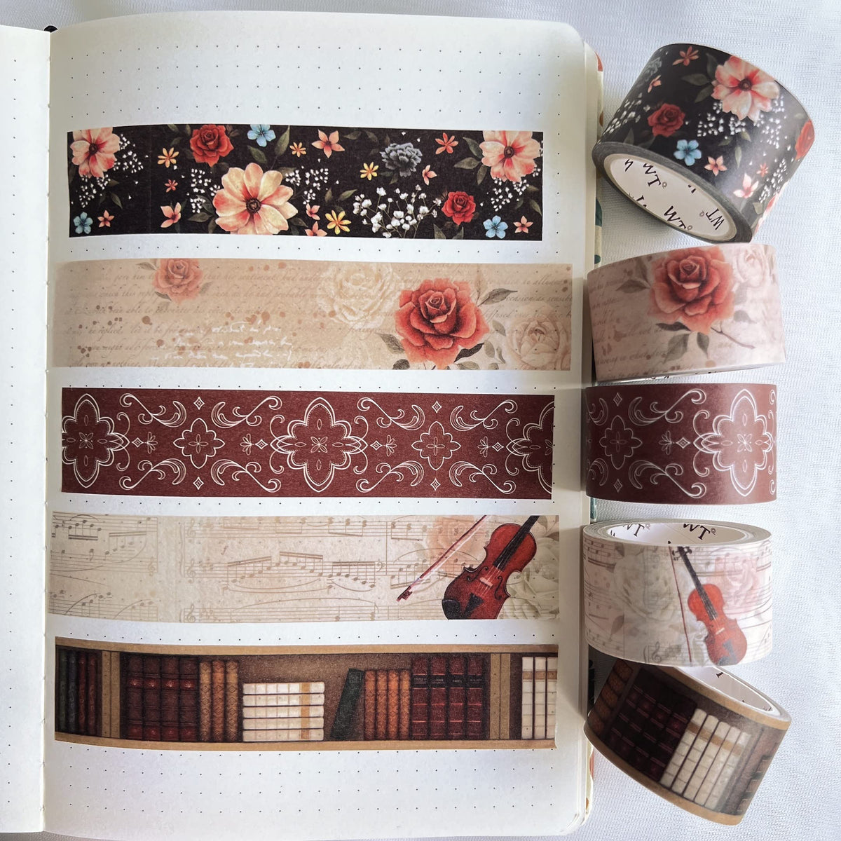 WT Academia Washi Tape Set, 5 Rolls, Original Designs, Vintage Floral Decorative Masking Tape, DIY
