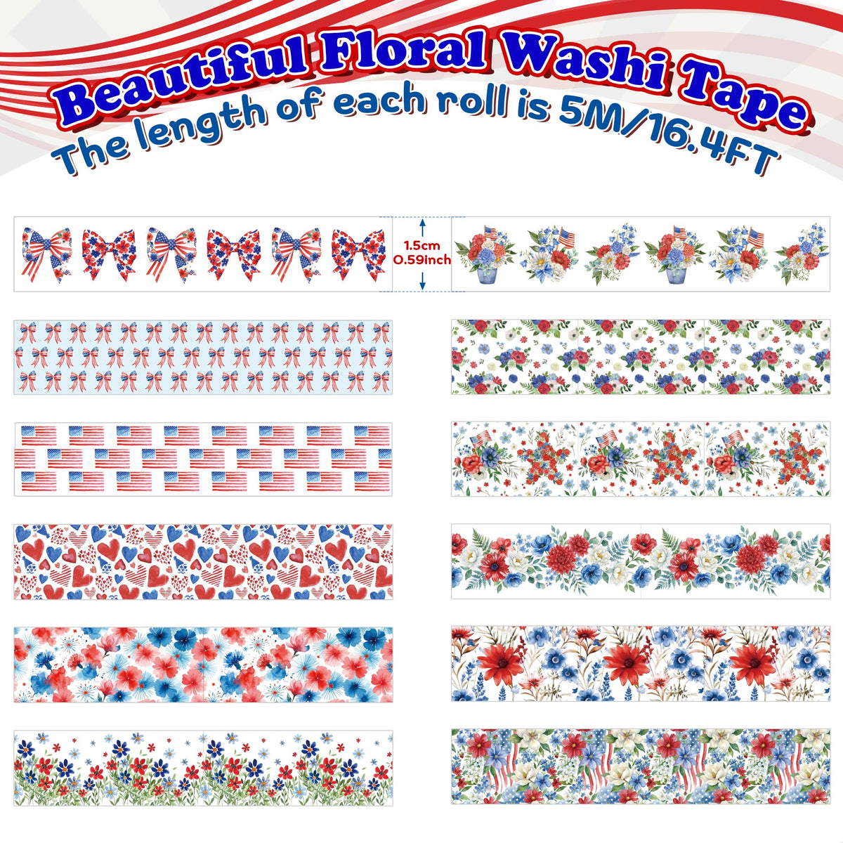 BkeeCten Patriotic Flower Washi Tape Strong Adhesion for Gift Wrapping