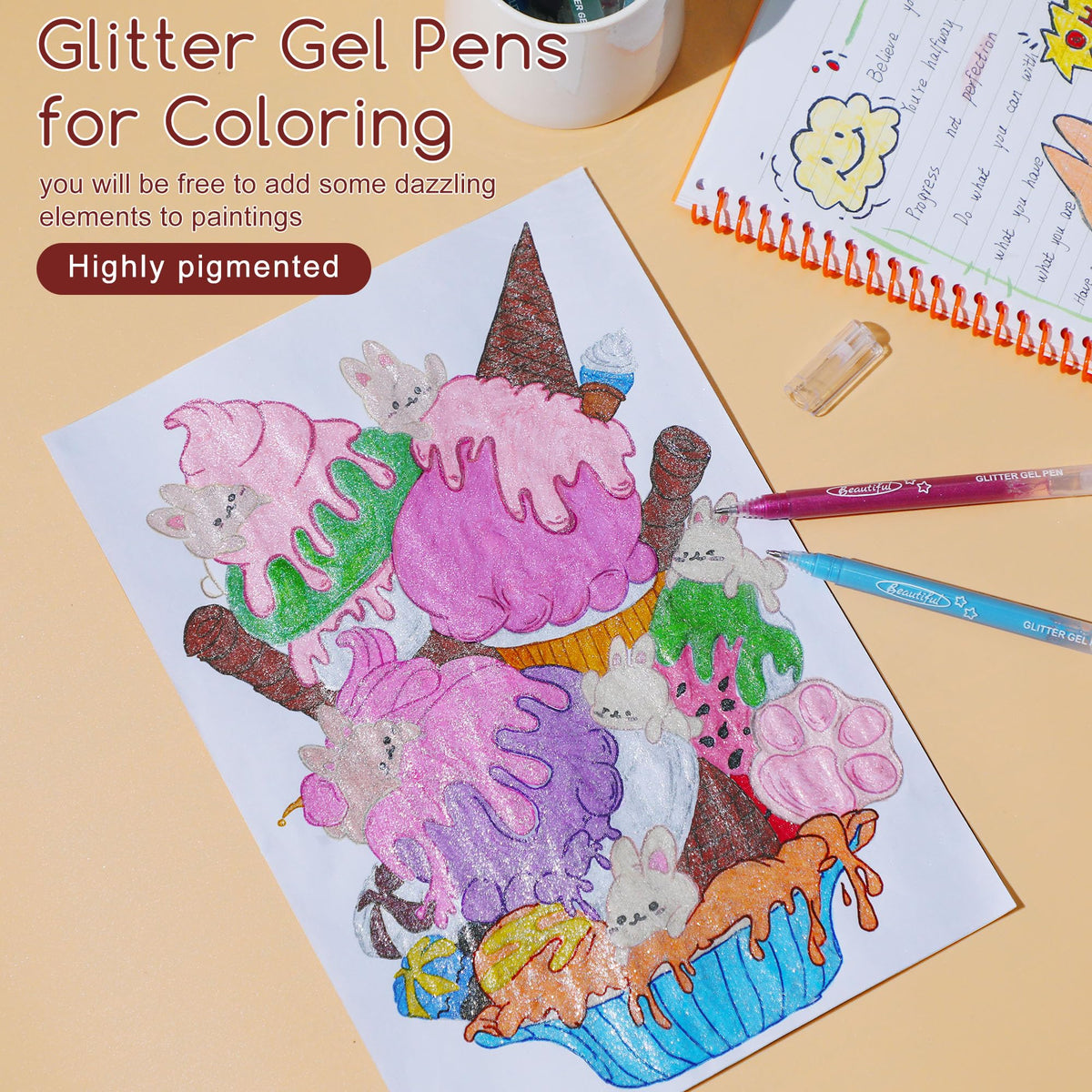 miikoul Jumbo Glitter Gel Pens, 48 Pack 1.0mm Fine Tip Large Capacity Colored Drawing Pens Sparkly