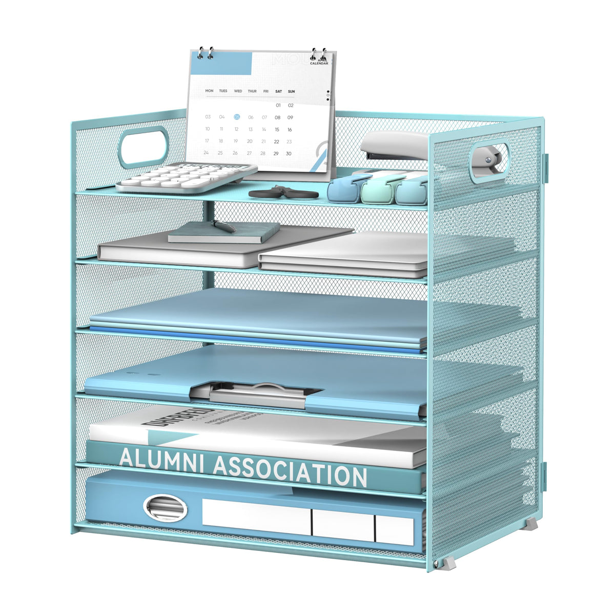 Daltack 6-Tier Paper Organizer for Desk with Handle, Blue