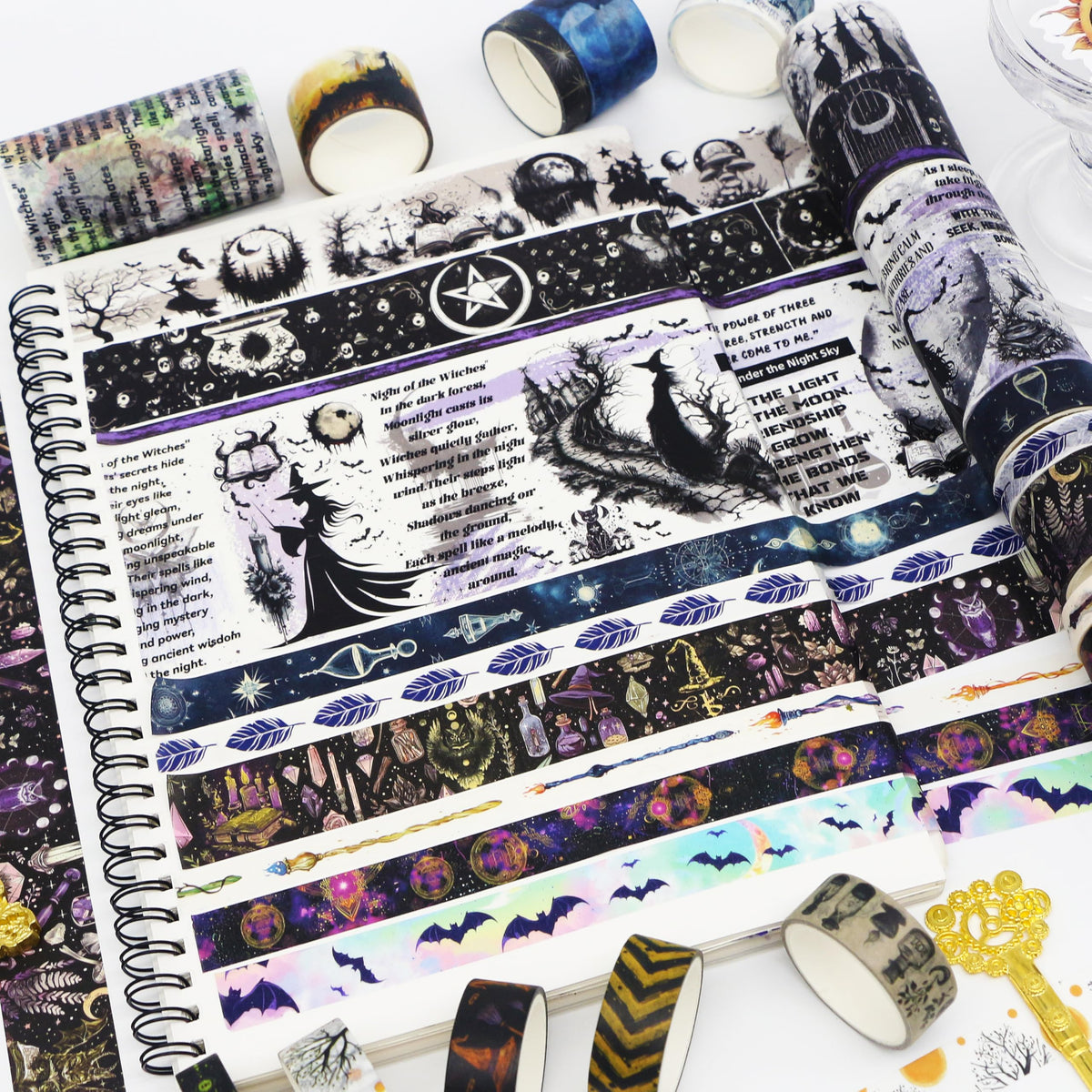 MPOPUUL Washi Tape Set 37 Rolls - Witches Theme Colored Decorative Adhesive Tape for Journaling