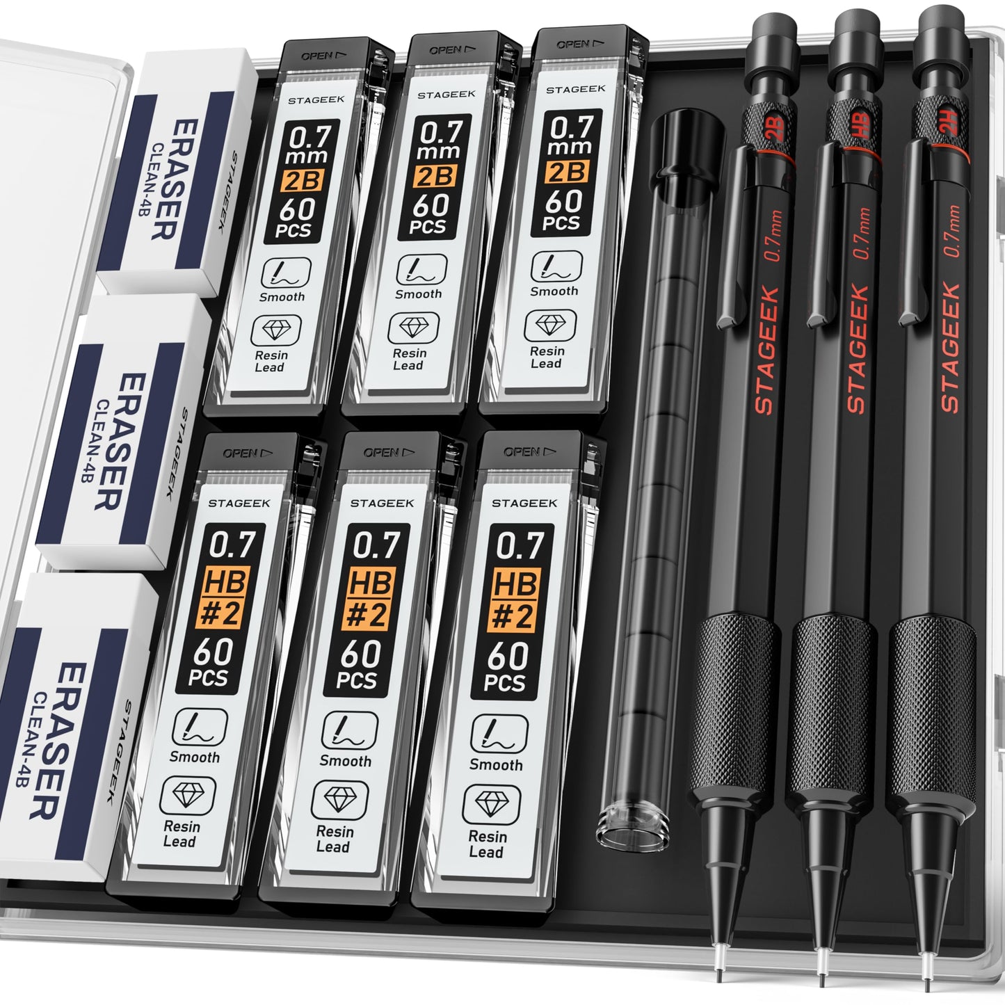 STAGEEK Black Meal Mechanical Pencil Set, 3-Pack, 0.7mm, Storage Case