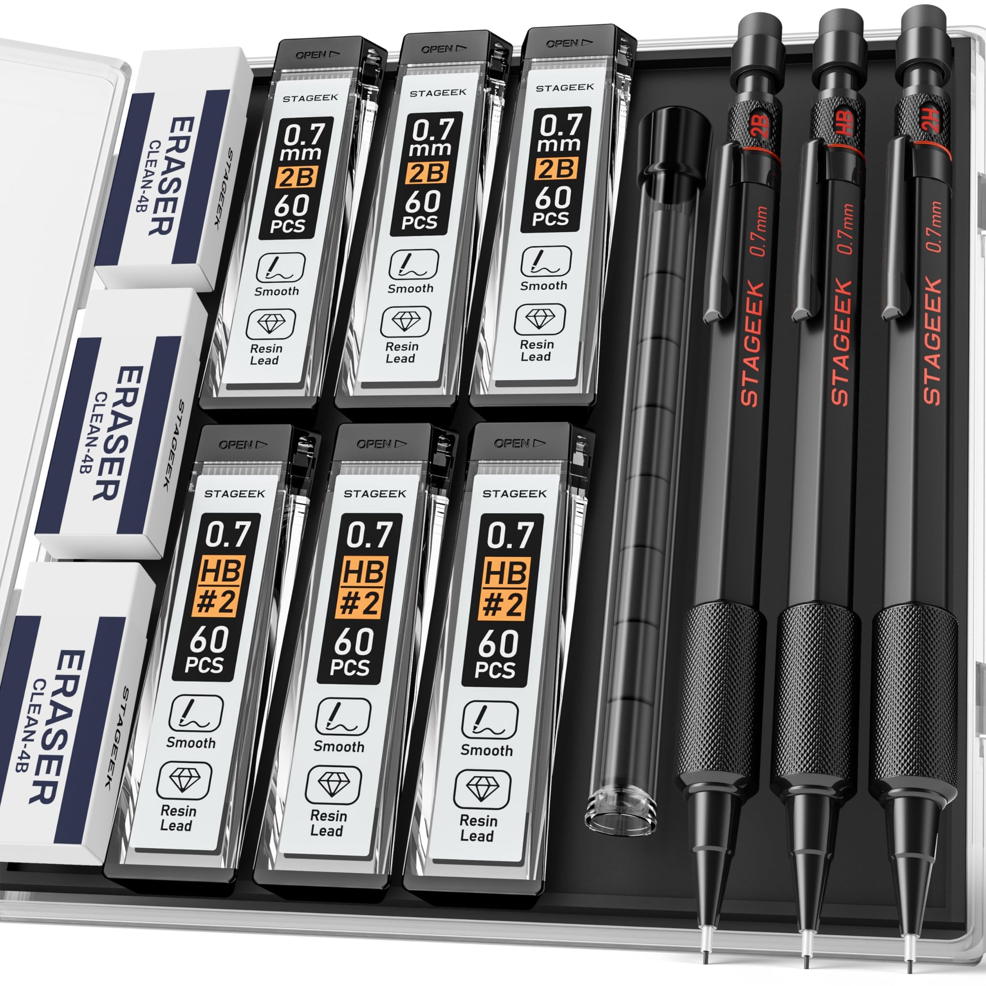 STAGEEK Black Meal Mechanical Pencil Set, 3-Pack, 0.7mm, Storage Case