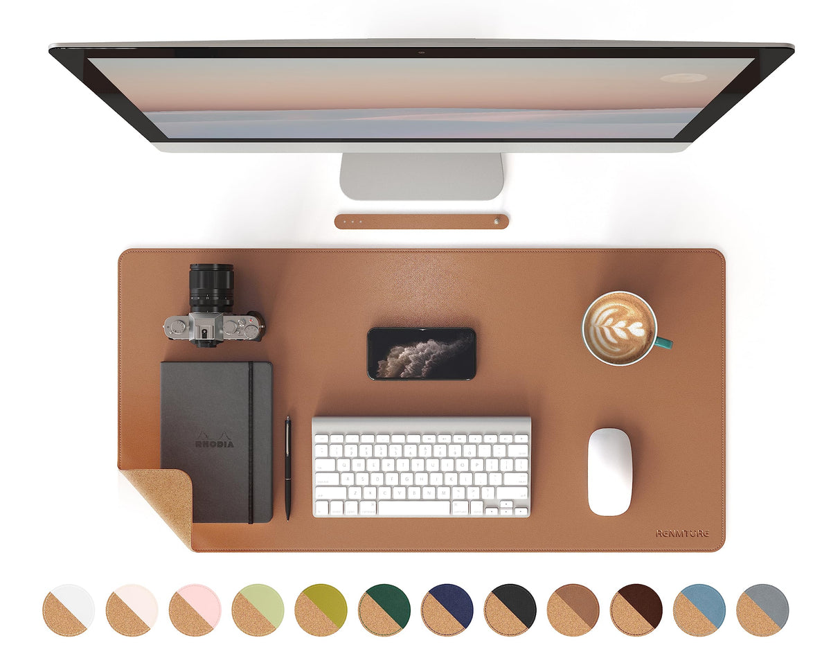 RENMTURE Dual-Sided Mouse Pad, Natural Cork & PU Leather Large Desk Pad for Office and Home Work