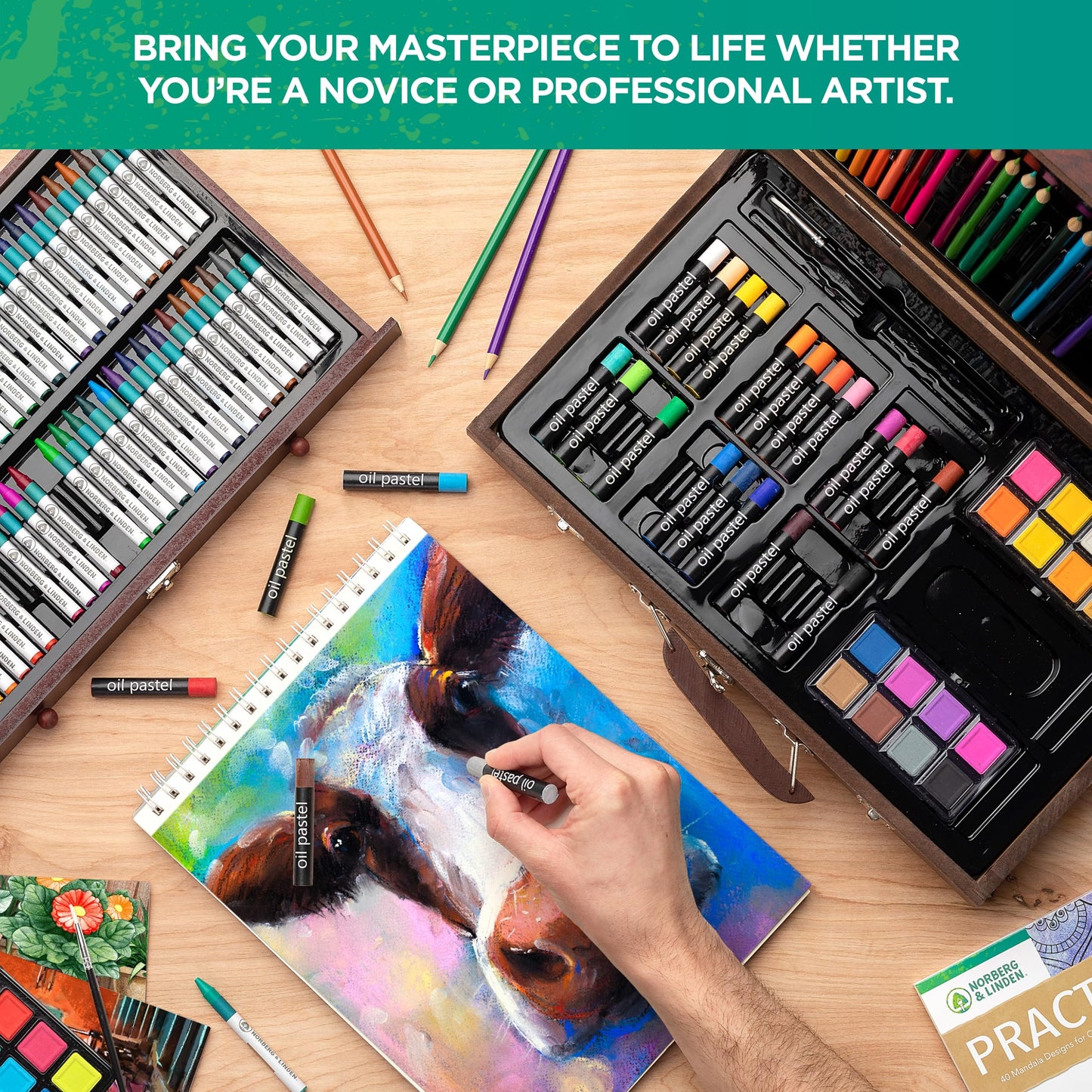 Norberg & Linden 144-Piece Art Set in Wooden Box with Drawer - Art Set for Adults, Teens, Kids