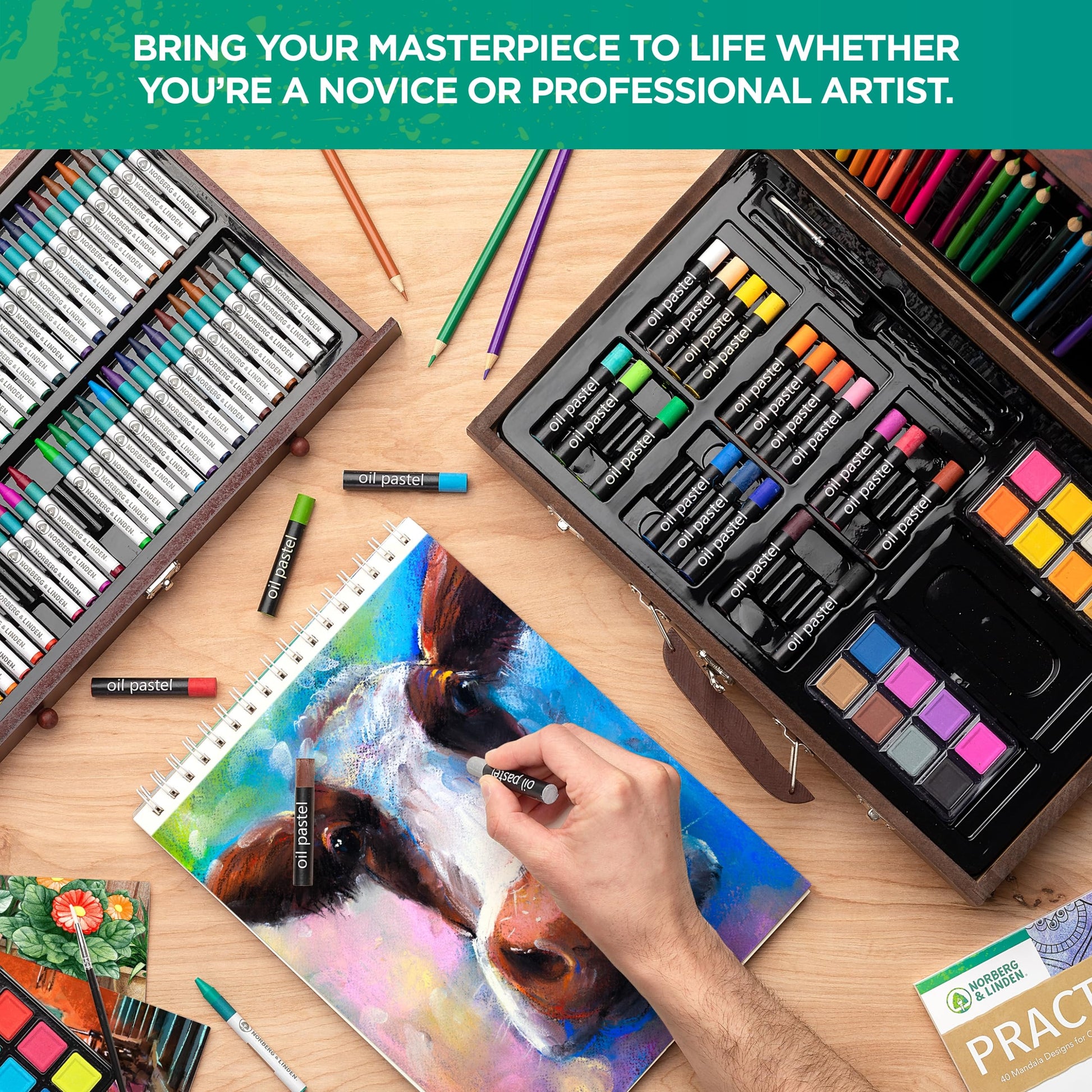 Norberg & Linden 144-Piece Art Set in Wooden Box with Drawer - Art Set for Adults, Teens, Kids