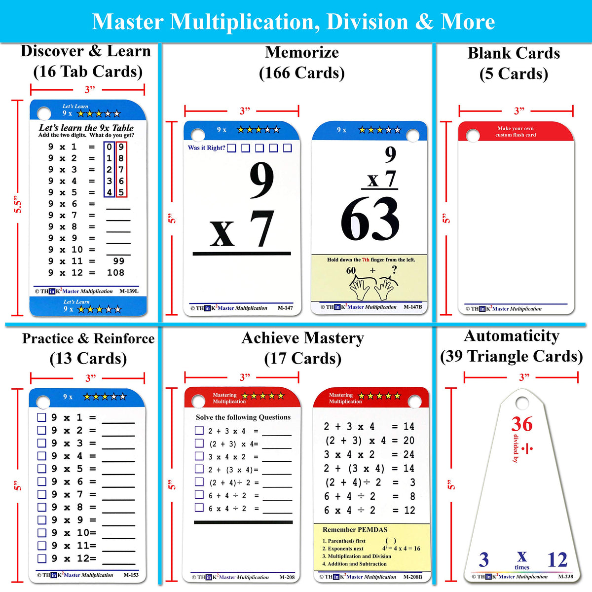 Think2Master Premium 260 Laminated Multiplication & Triangle Division Flash Cards. (All 0-12 X