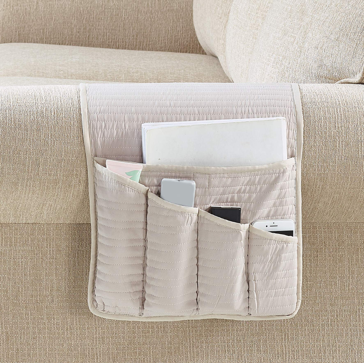 Brilliant Sunshine Light Beige Quilted Couch Armrest Cover, 35"×13"