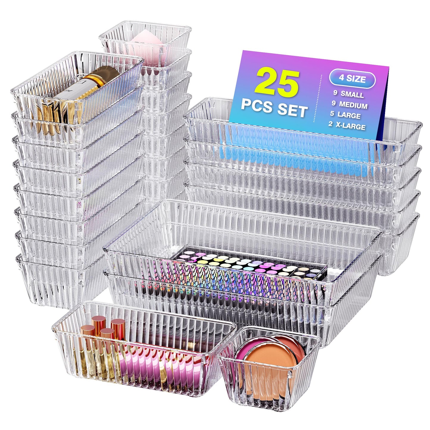 Okylvve 25 PCS Clear Plastic Drawer Organizer Set, Makeup Organizer Trays