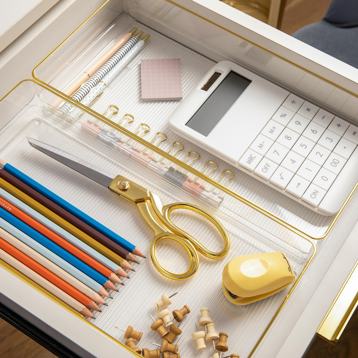 Martha Stewart Kerry Stackable Desk Drawer Organizers, Clear/Gold, 3-Pack