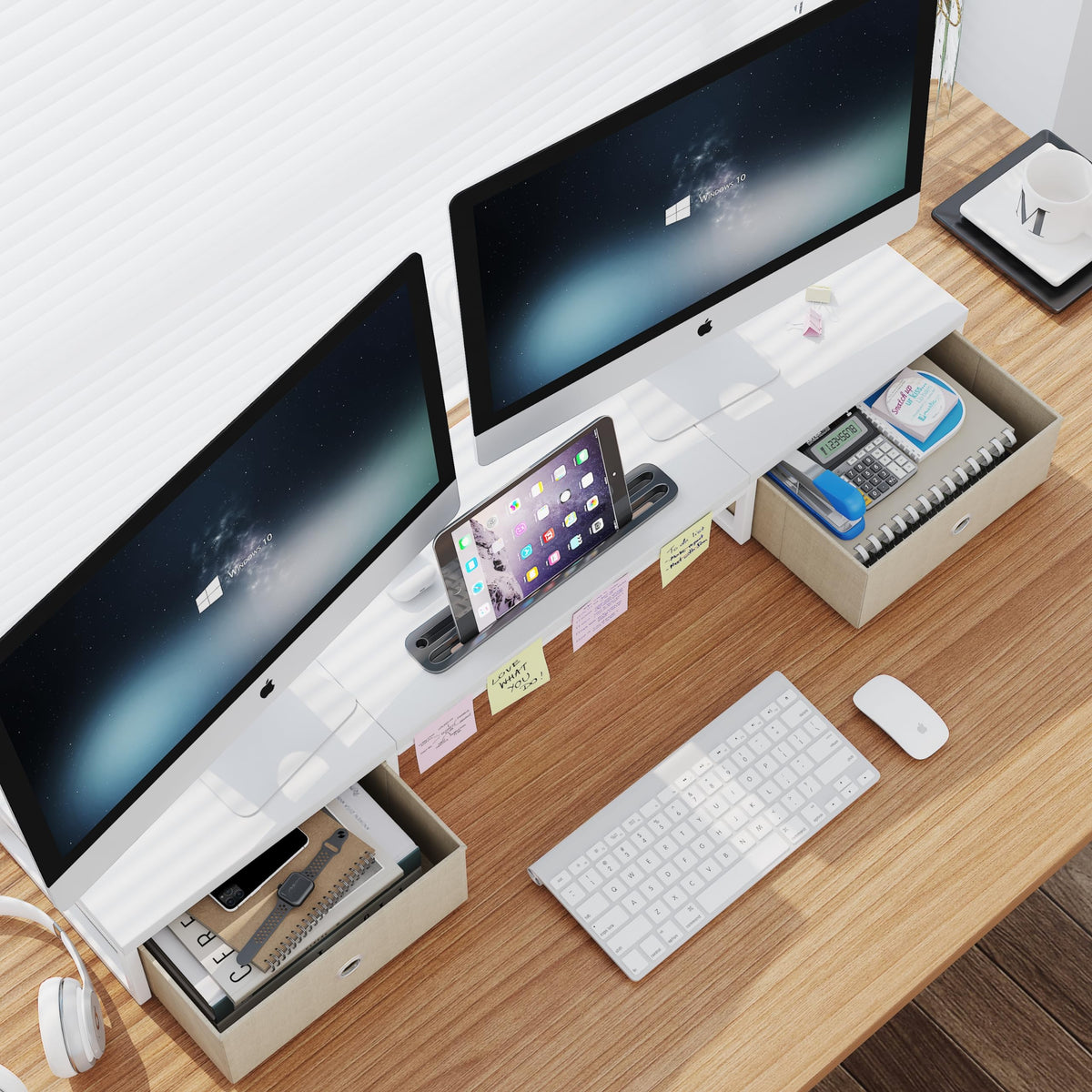39 Inch Dual Monitor Stand Riser with 2 Drawers - Large White Wooden Computer Stand for 2 Monitors