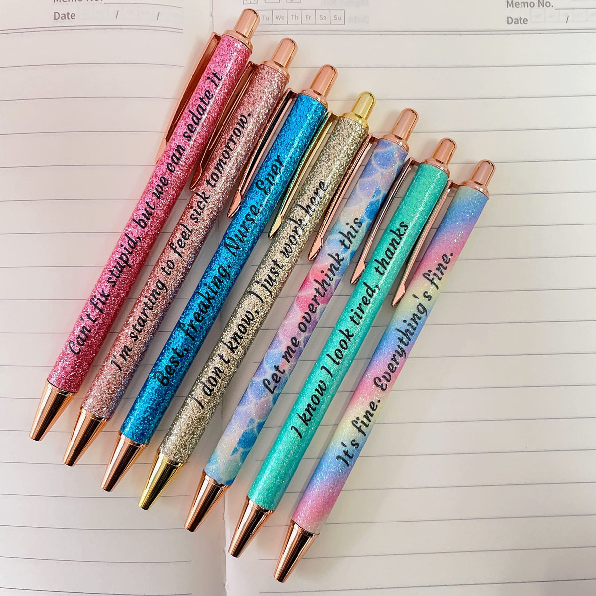 Jxueych 7 Piece Shiny Metal Ballpoint Pens Set - Funny Sarcastic Quotes for Nurses, Office & Gifts