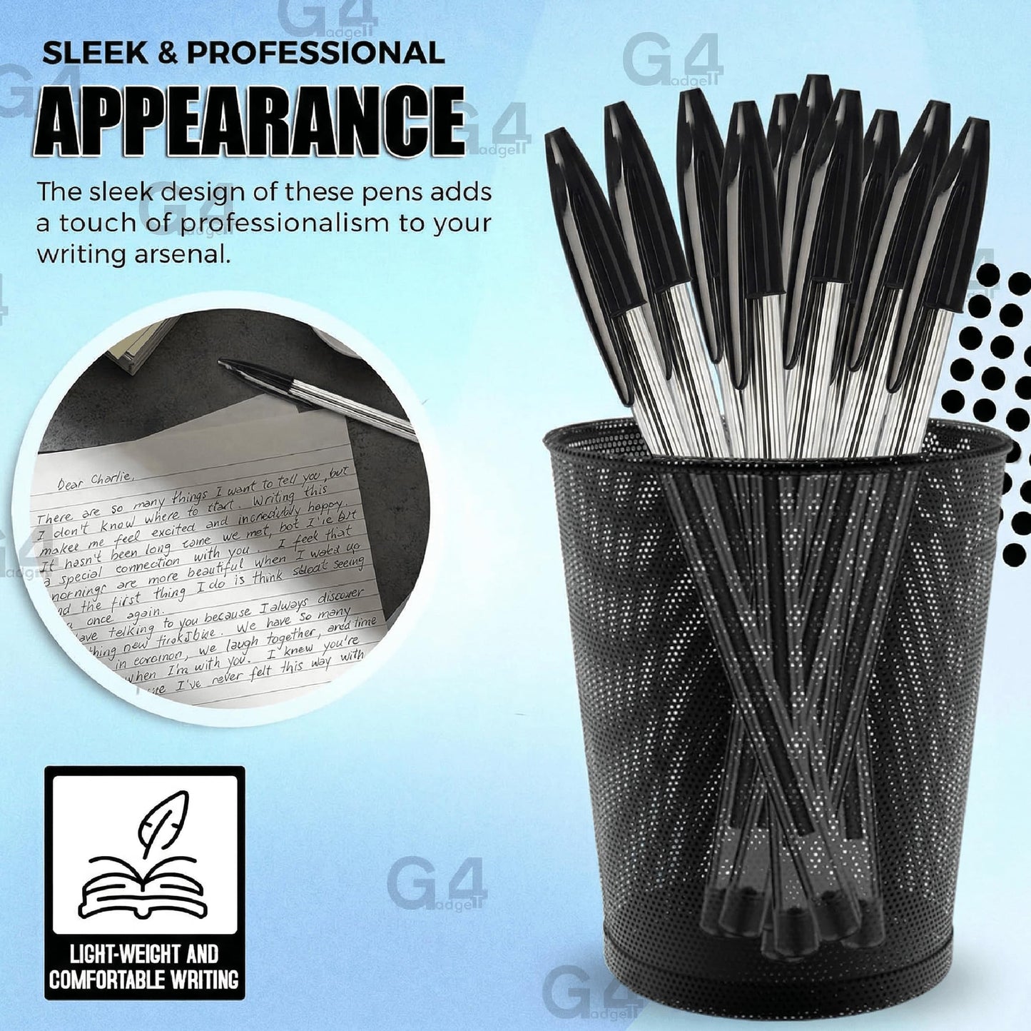 G4GADGET Premium Pack of 10 Black Biro Ballpoint Pens - Medium Tip for Fluent, Smooth Writing