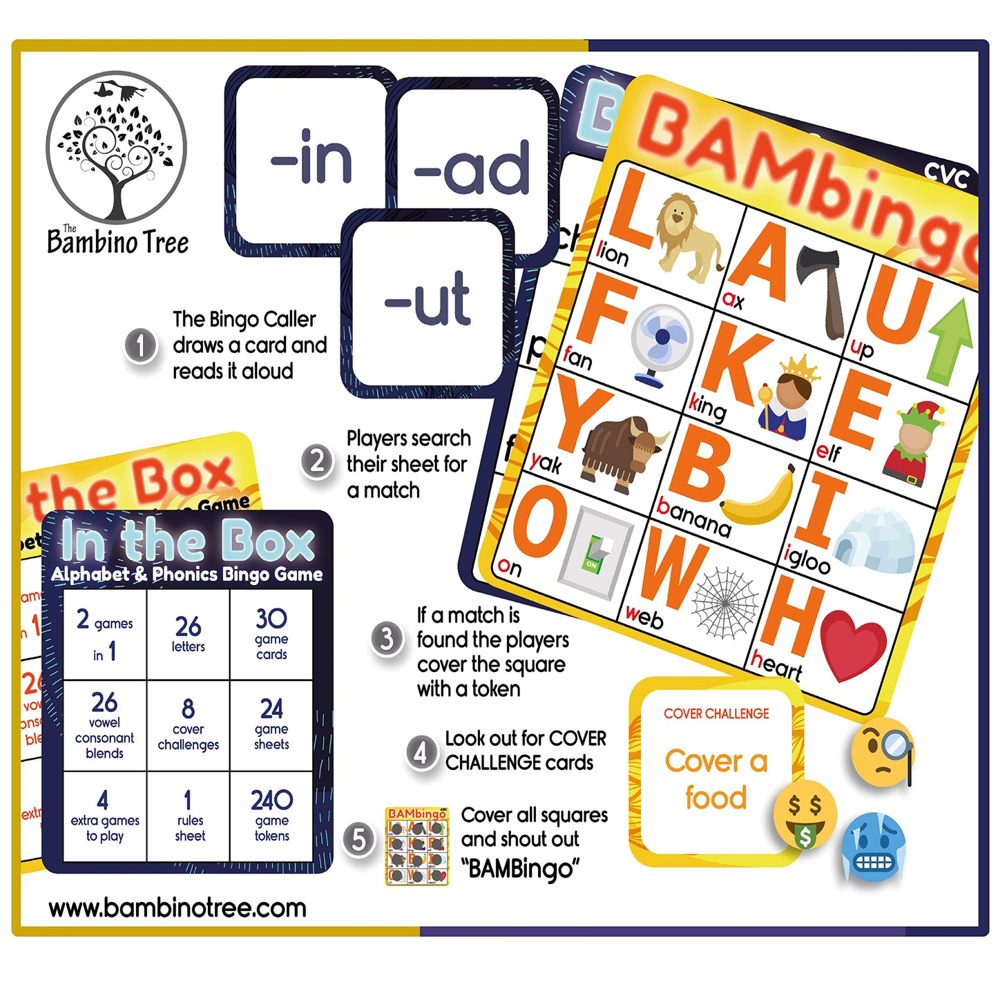 Alphabet and Phonics Bingo - ABC Learning Letter Recognition and CVC Words with Pictures - Phonics
