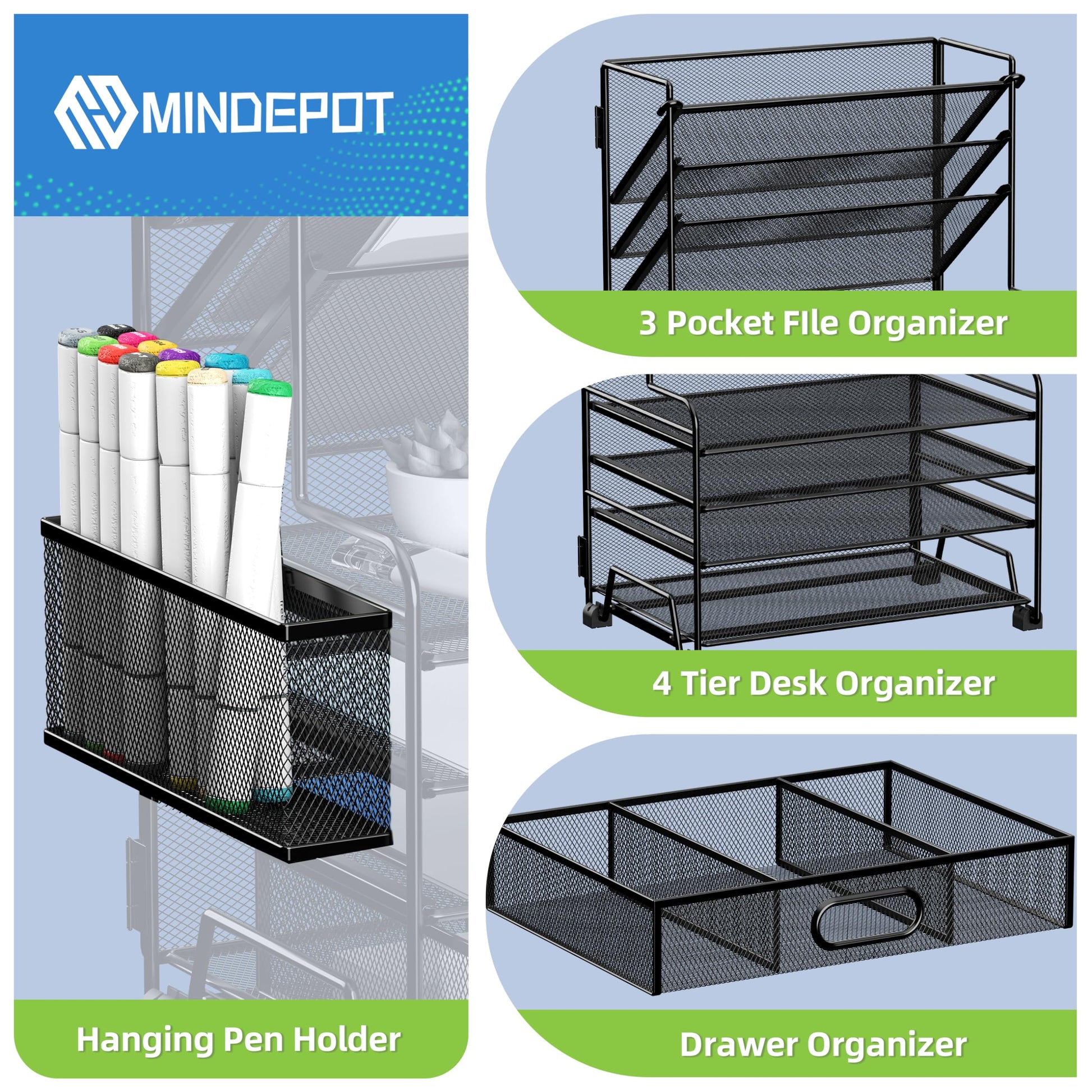 MINDEPOT 4-Tier Paper Organizer + 3-Pocket File Holder + Drawer + Pen Holders, Desktop File