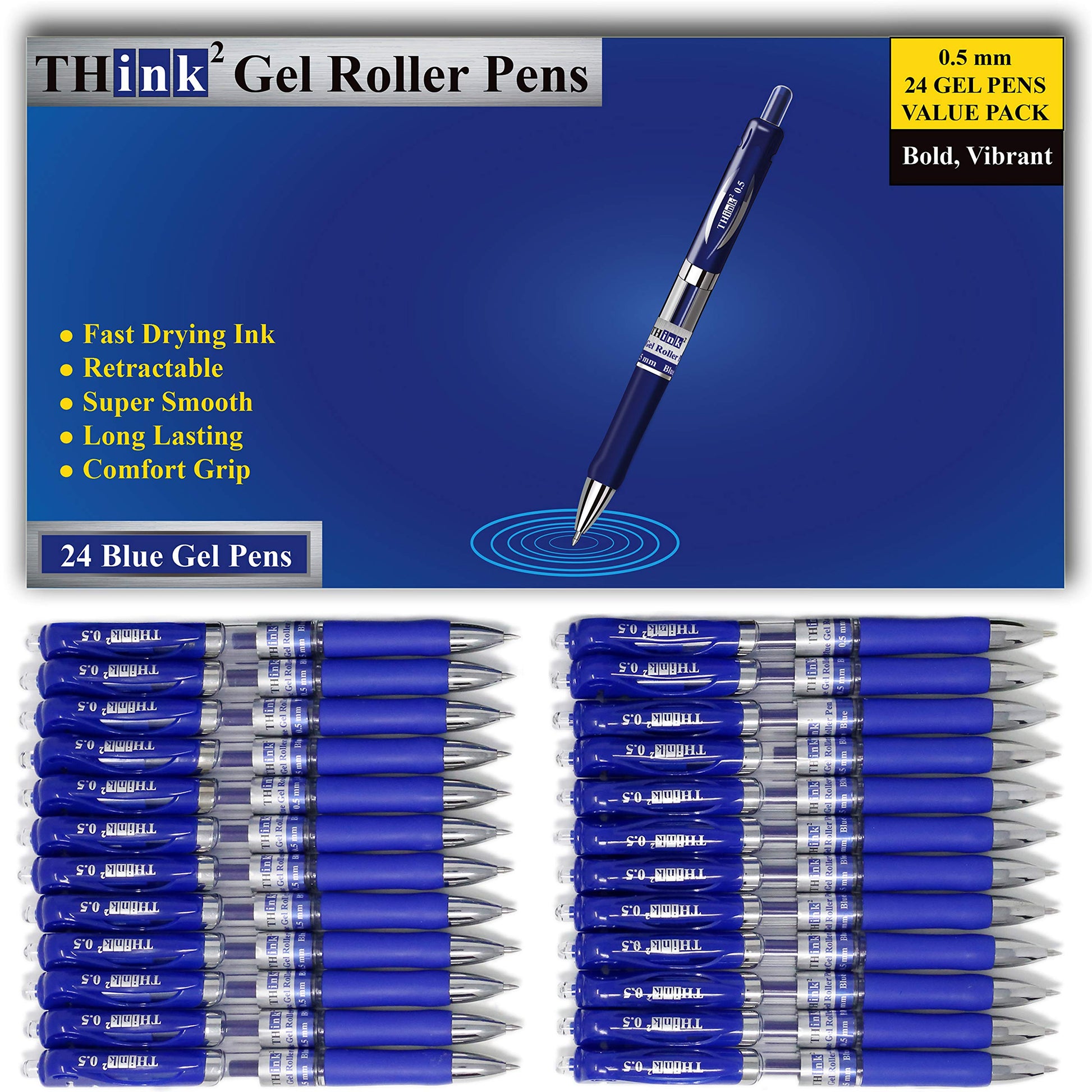 [24 Pens - Blue Ink] Think2 Retractable Gel Pens. (24 Blue) Fine Point (0.5mm) Rollerball Pens with