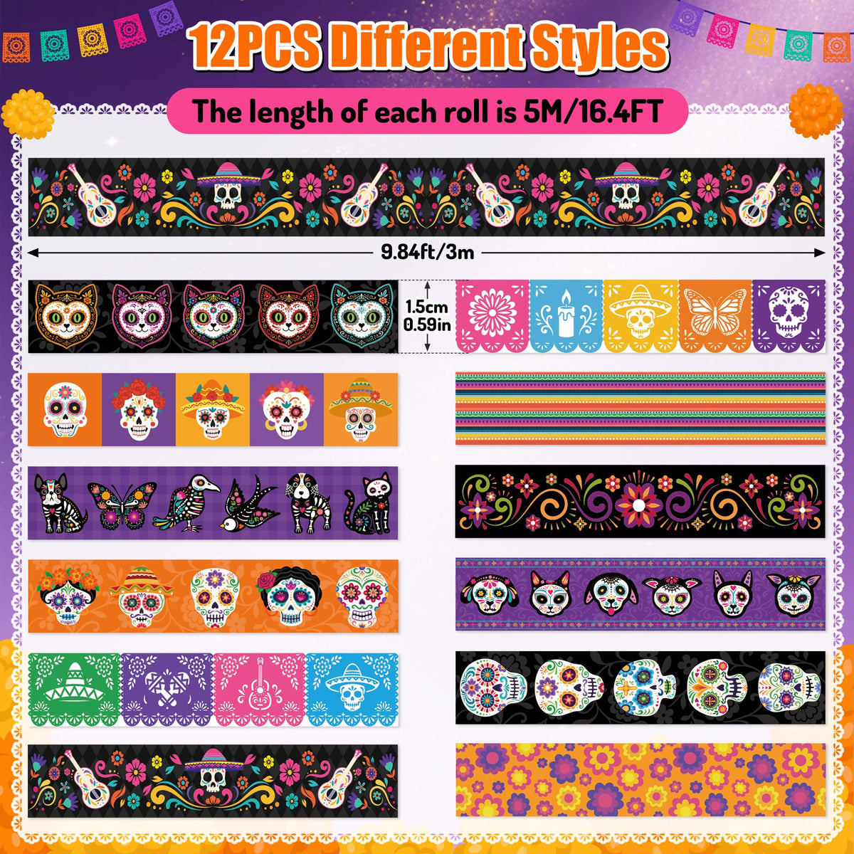 BkeeCten Day of the Dead Washi Tape, 12 Rolls Sugar Skull Decorative Tape