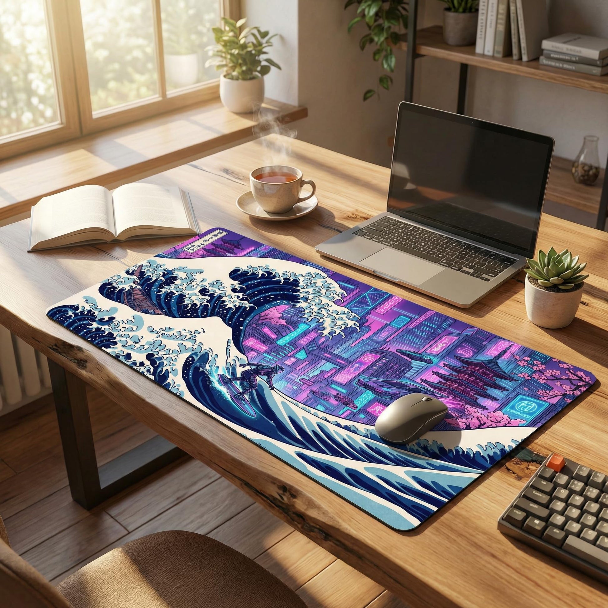 XXL Gaming Mouse Pad 31.5x15.7 Inch,Cyberpunk Neon Japanese Wave Desk Mat