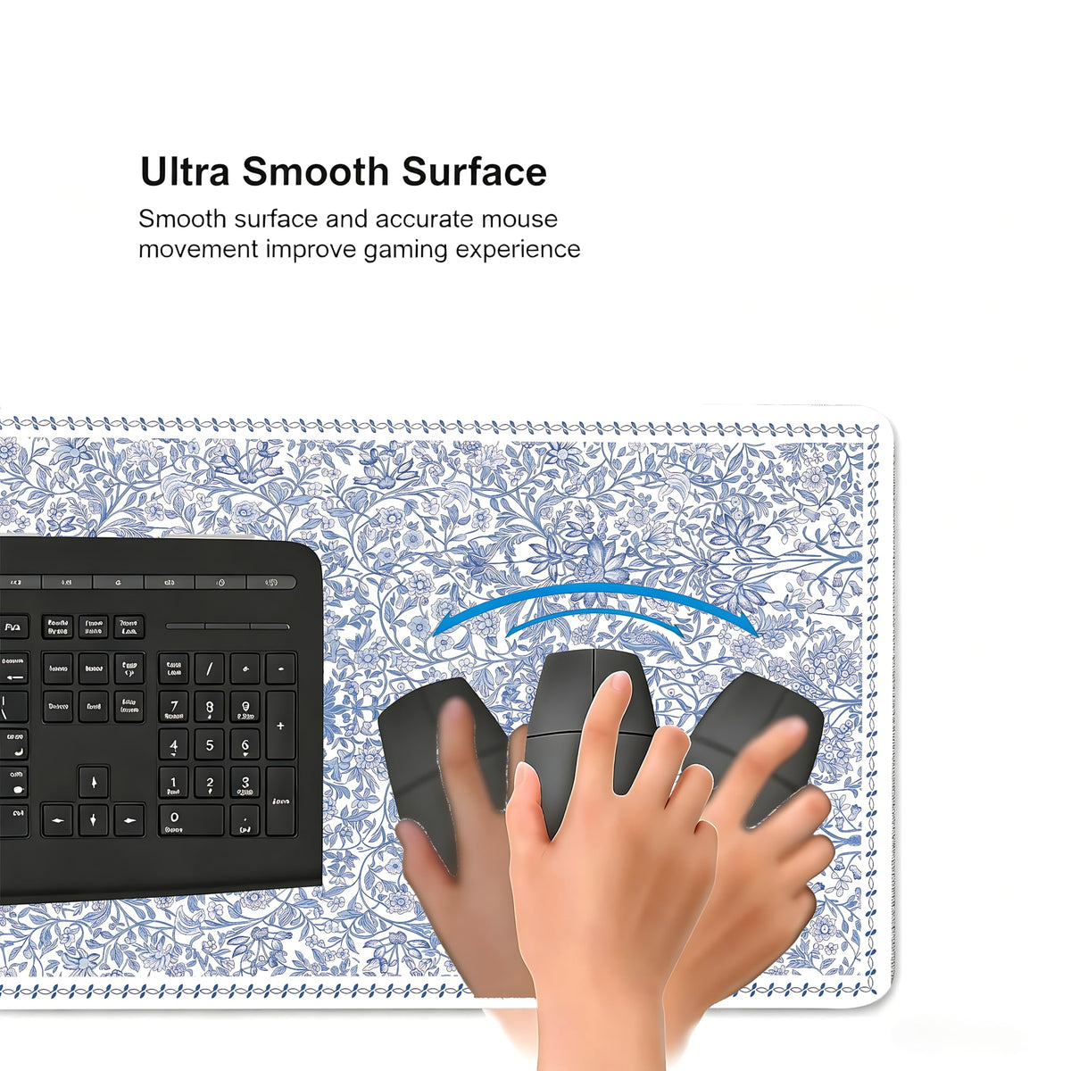 Cute Floral Aesthetic Daisy Gaming Mouse Pad, White Blue Chinoiserie Desk Mat with Anti-Slip Base &